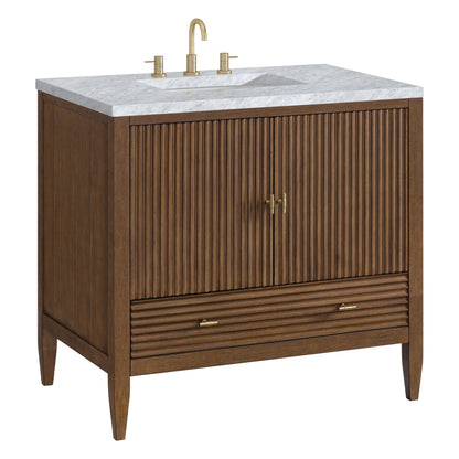 James Martin Vanities Myrrin 36" Mid Century Walnut Vanity With 3 cm Carrara White Marble Top