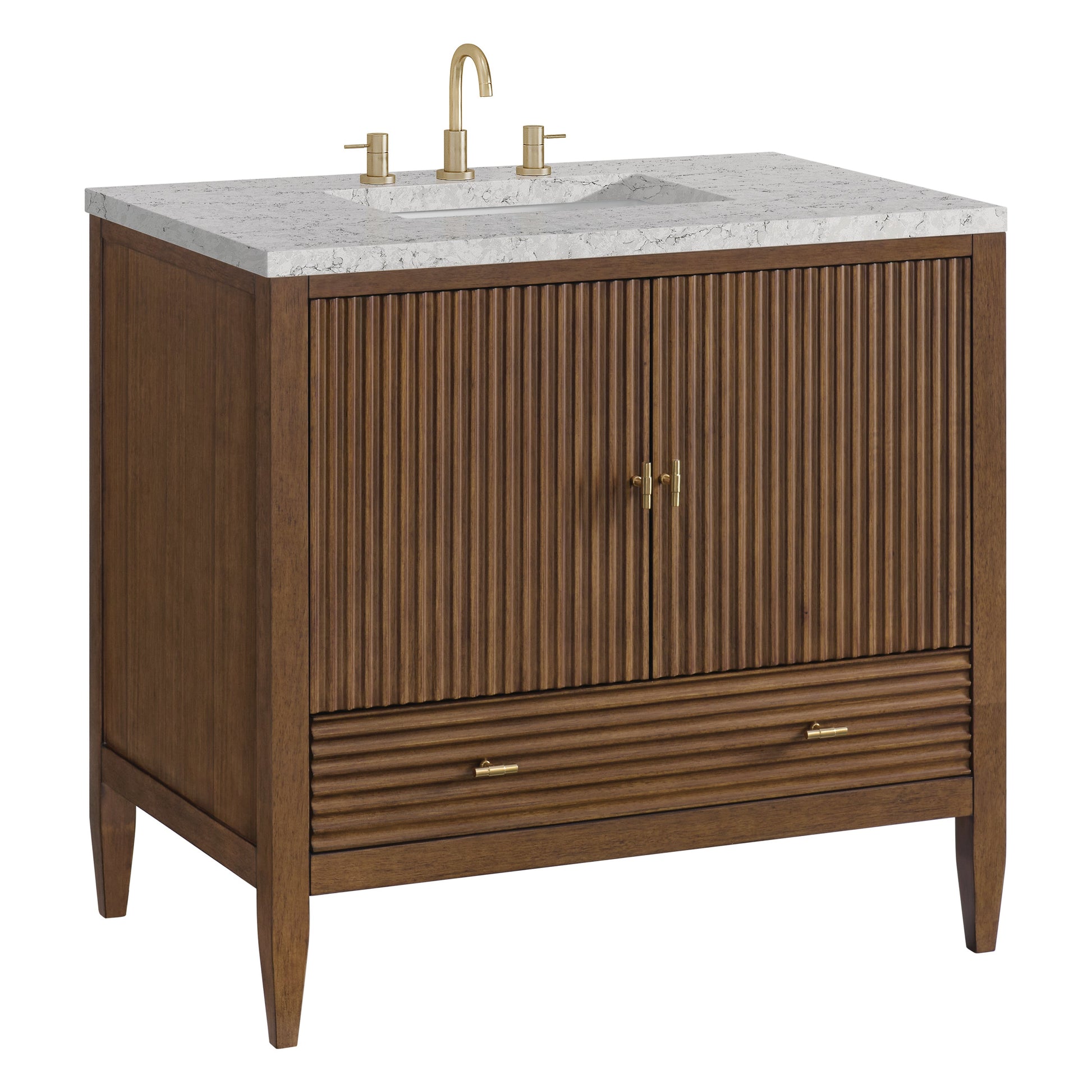 James Martin Vanities Myrrin 36" Mid Century Walnut Vanity With 3 cm Eternal Jasmine Pearl Quartz Top