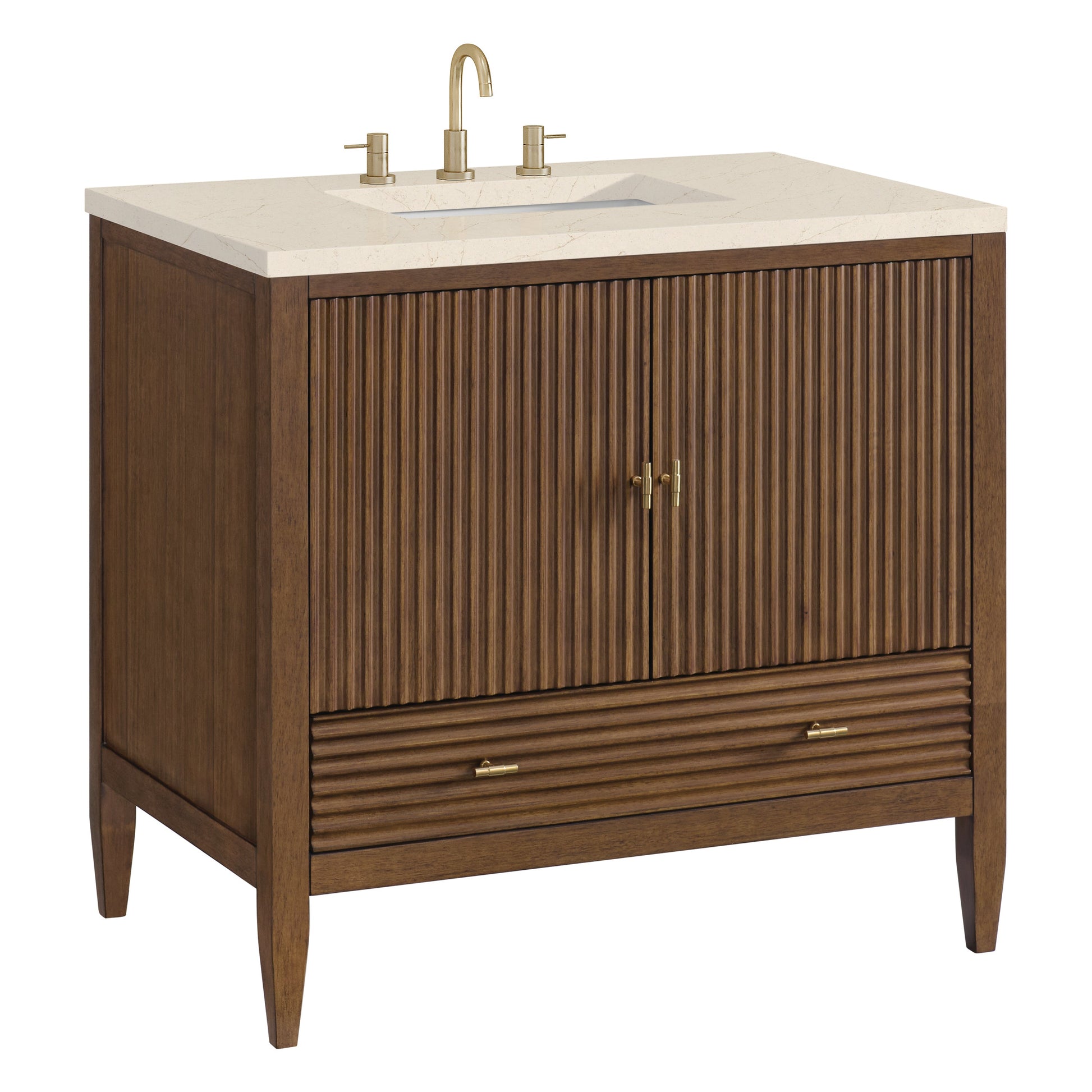 James Martin Vanities Myrrin 36" Mid Century Walnut Vanity With 3 cm Eternal Marfil Quartz Top