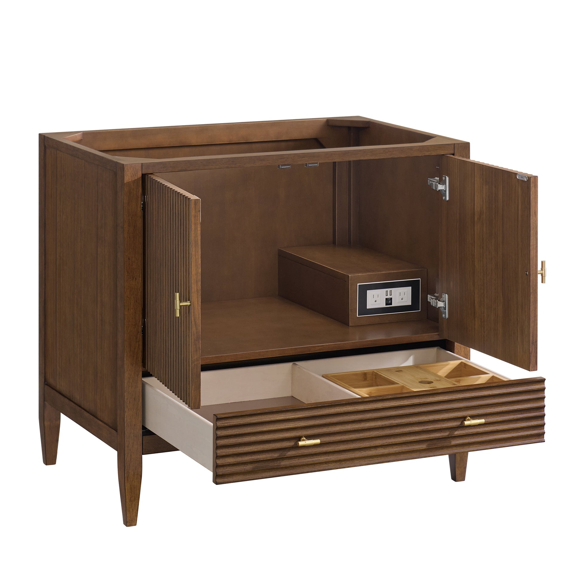 James Martin Vanities Myrrin 36" Mid Century Walnut Vanity With 3 cm Ethereal Noctis Quartz Top