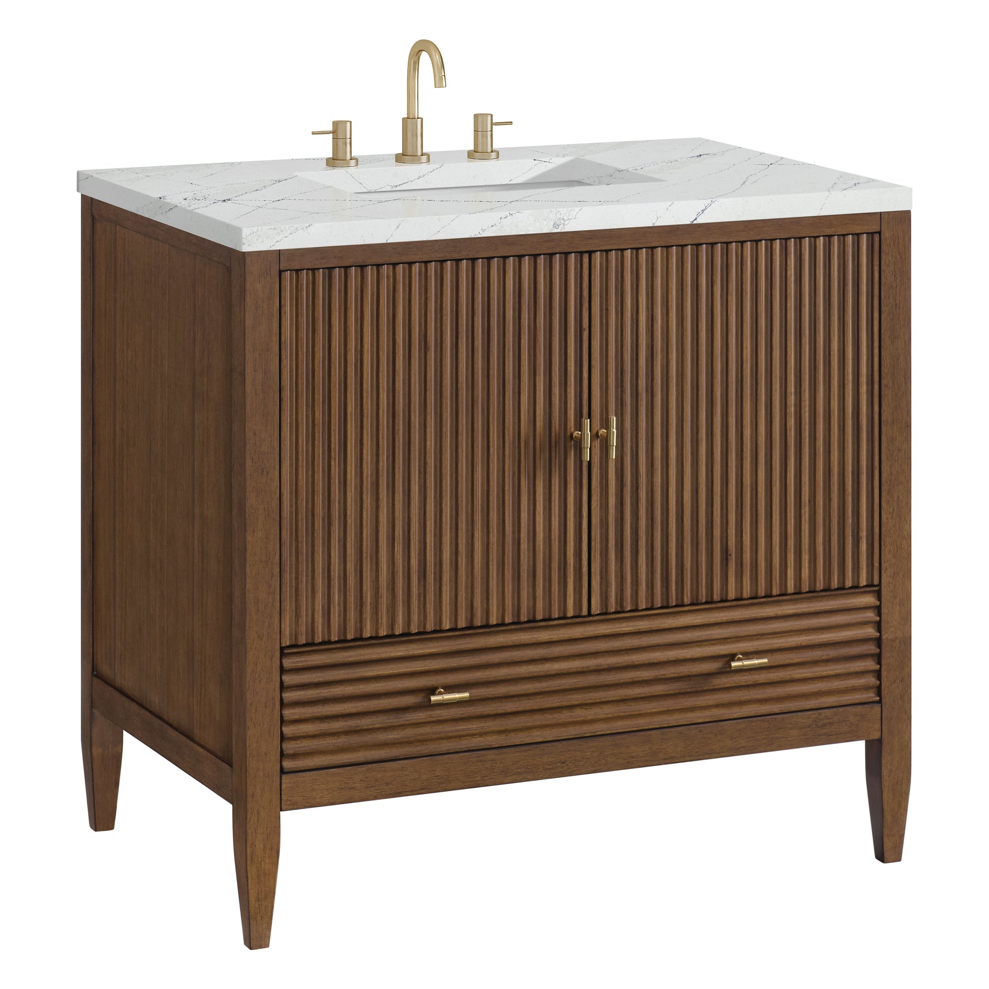 James Martin Vanities Myrrin 36" Mid Century Walnut Vanity With 3 cm Ethereal Noctis Quartz Top