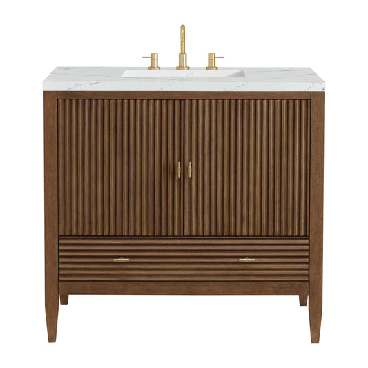 James Martin Vanities Myrrin 36" Mid Century Walnut Vanity With 3 cm Ethereal Noctis Quartz Top