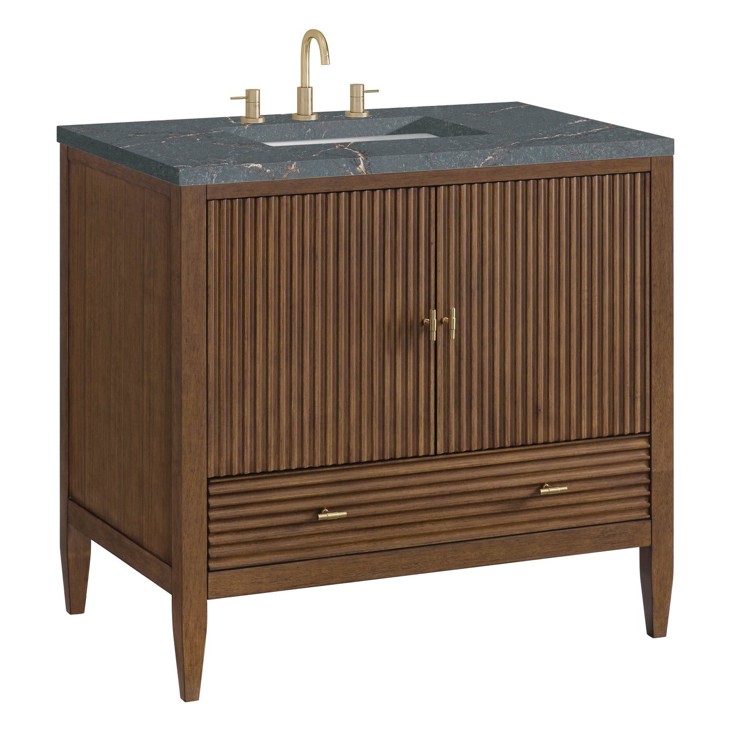 James Martin Vanities Myrrin 36" Mid Century Walnut Vanity With 3 cm Parisien Bleu Quartz Top