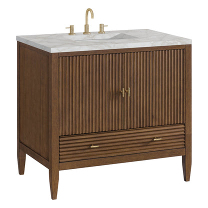 James Martin Vanities Myrrin 36" Mid Century Walnut Vanity With 3 cm Victorian Silver Quartz Top