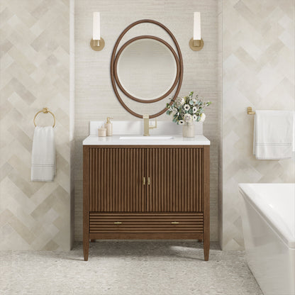 James Martin Vanities Myrrin 36" Mid Century Walnut Vanity With Single Hole 3 cm White Zeus Quartz Top & Backsplash