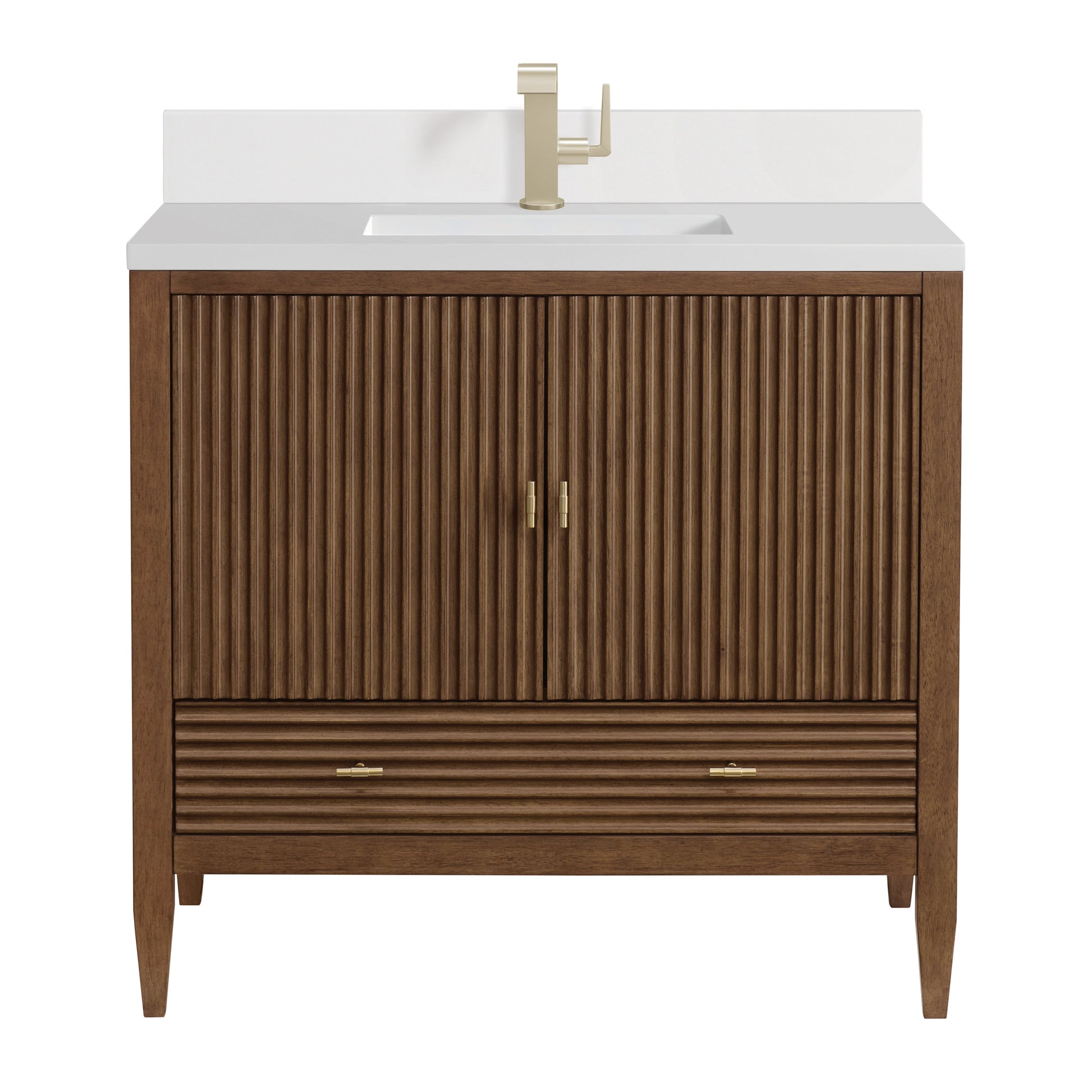 James Martin Vanities Myrrin 36" Mid Century Walnut Vanity With Single Hole 3 cm White Zeus Quartz Top & Backsplash