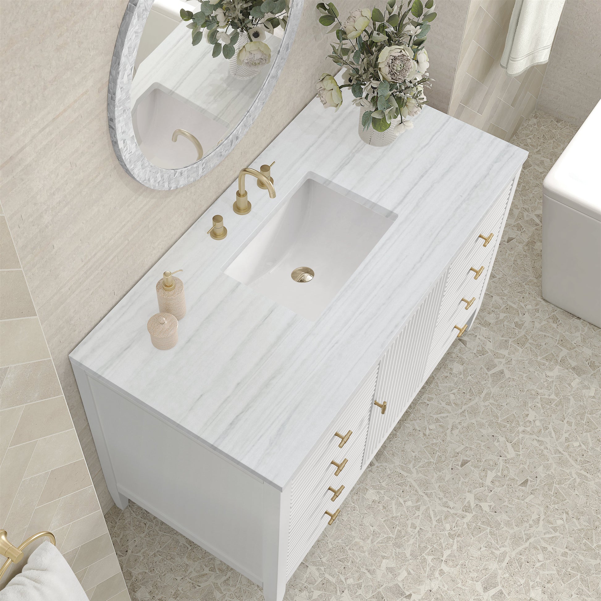 James Martin Vanities Myrrin 48" Bright White Vanity With 3 cm Arctic Fall Solid Surface Top