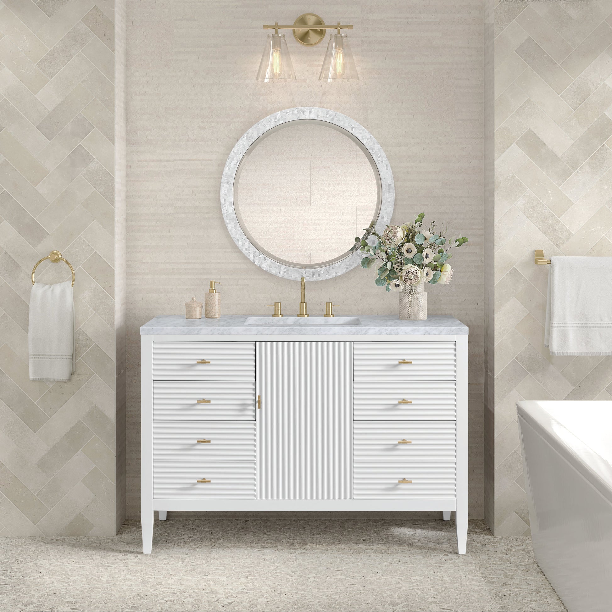 James Martin Vanities Myrrin 48" Bright White Vanity With 3 cm Carrara White Marble Top