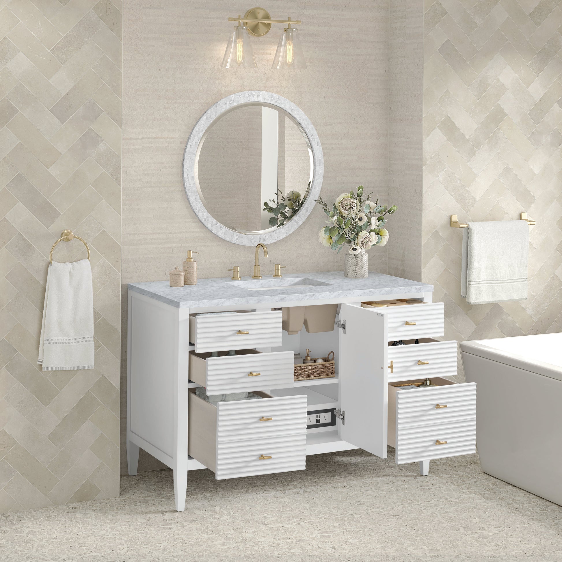 James Martin Vanities Myrrin 48" Bright White Vanity With 3 cm Carrara White Marble Top