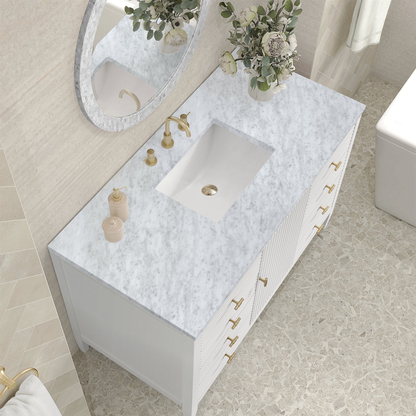 James Martin Vanities Myrrin 48" Bright White Vanity With 3 cm Carrara White Marble Top