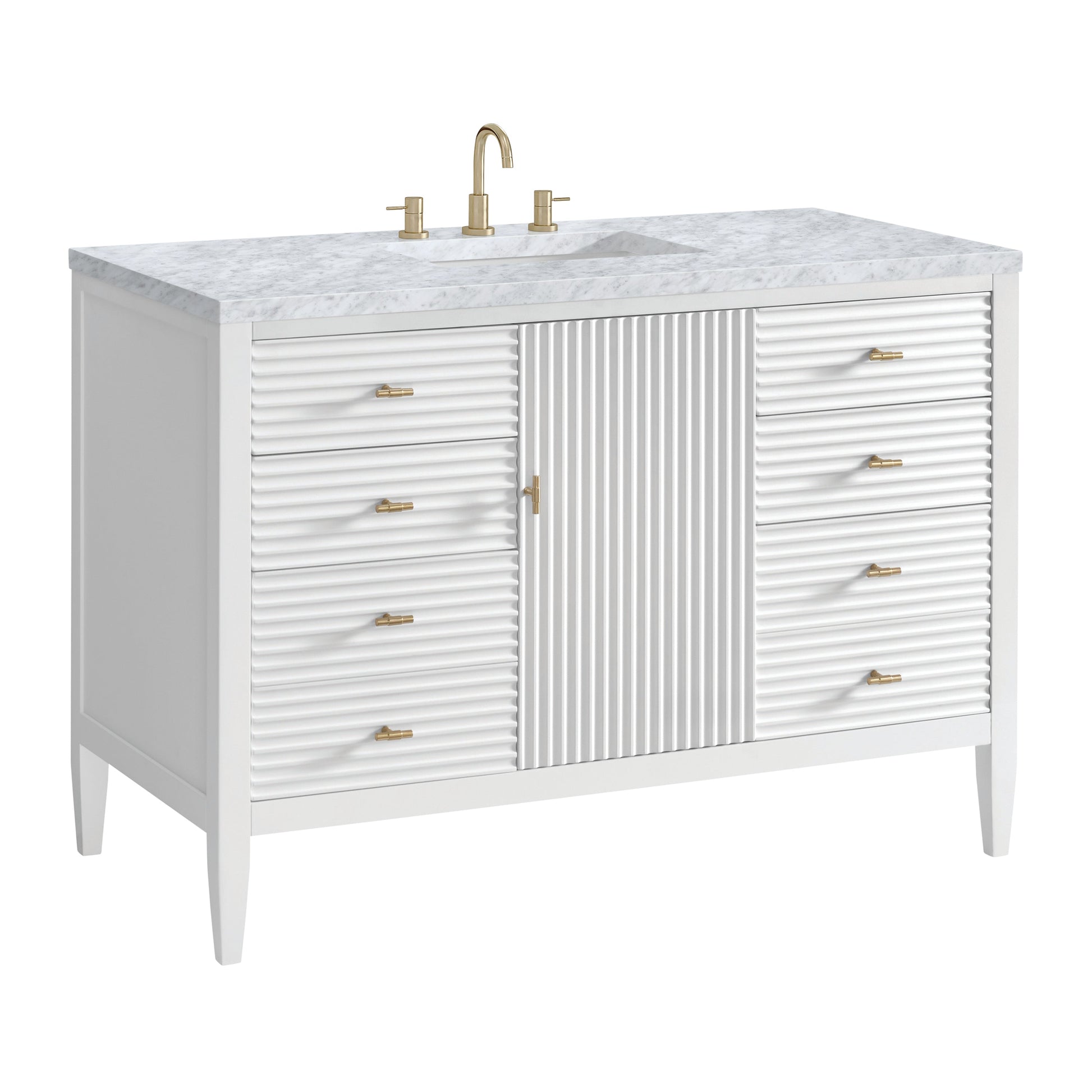 James Martin Vanities Myrrin 48" Bright White Vanity With 3 cm Carrara White Marble Top