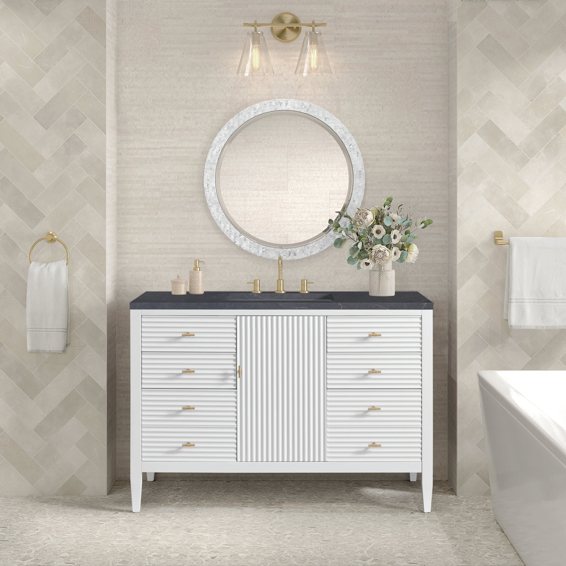 James Martin Vanities Myrrin 48" Bright White Vanity With 3 cm Charcoal Soapstone Quartz Top