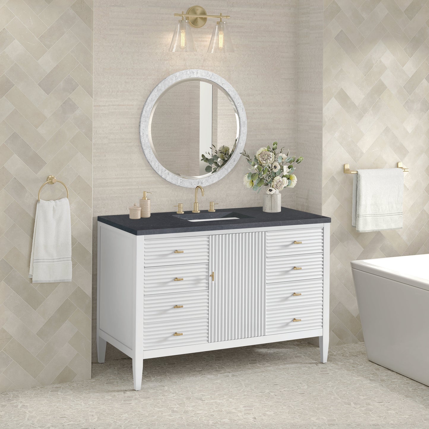 James Martin Vanities Myrrin 48" Bright White Vanity With 3 cm Charcoal Soapstone Quartz Top