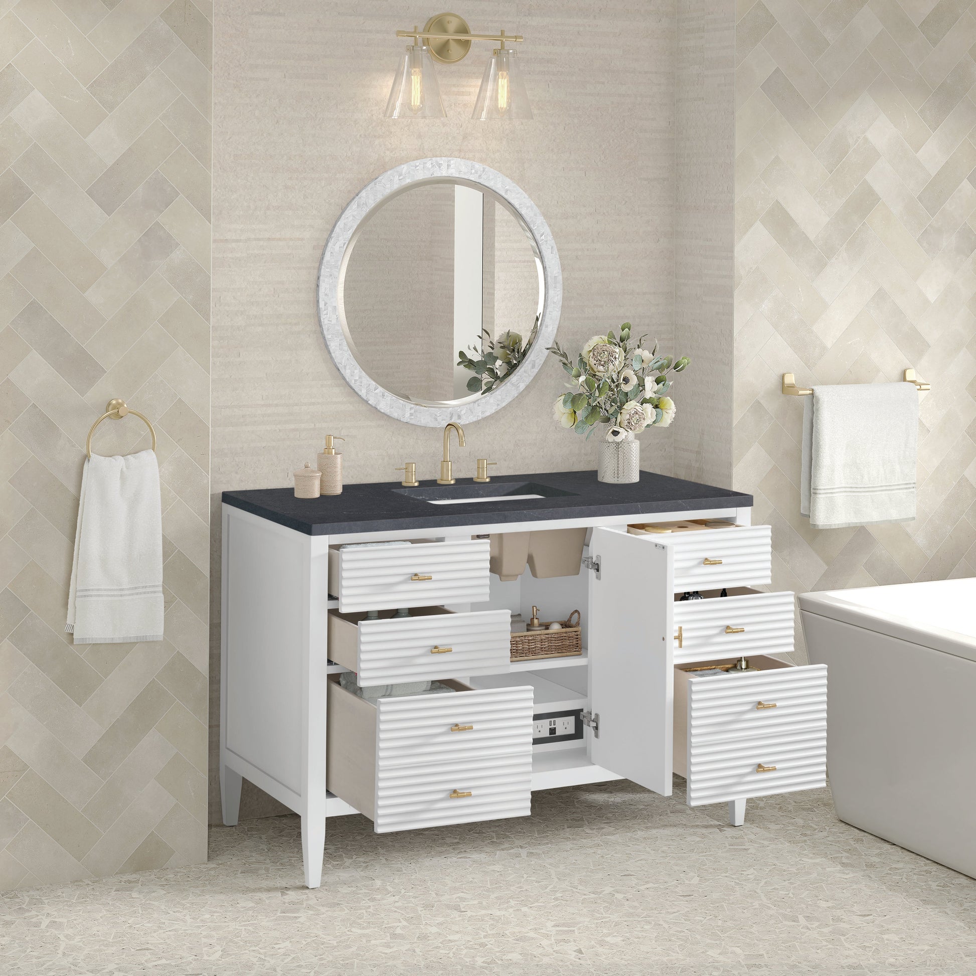 James Martin Vanities Myrrin 48" Bright White Vanity With 3 cm Charcoal Soapstone Quartz Top