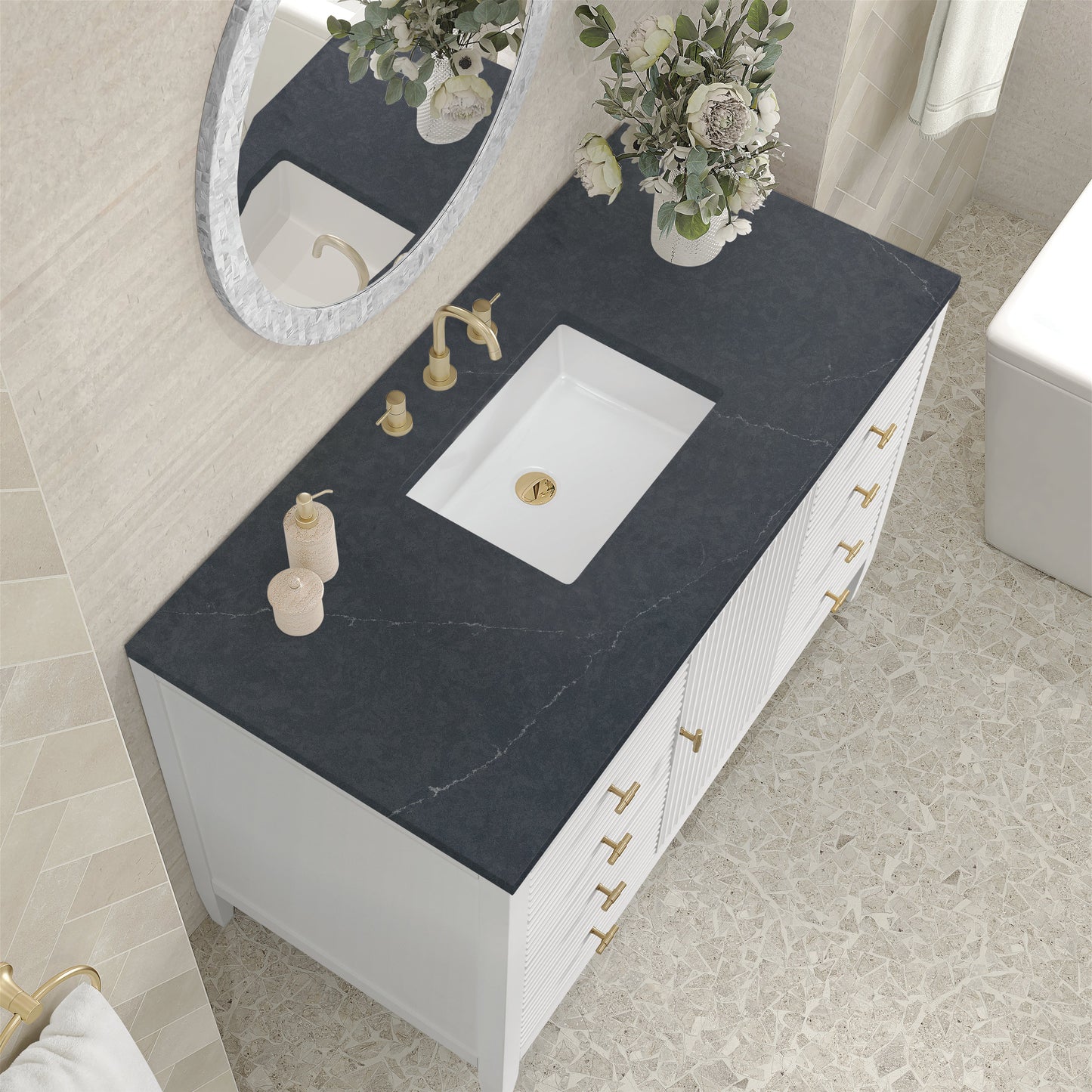 James Martin Vanities Myrrin 48" Bright White Vanity With 3 cm Charcoal Soapstone Quartz Top