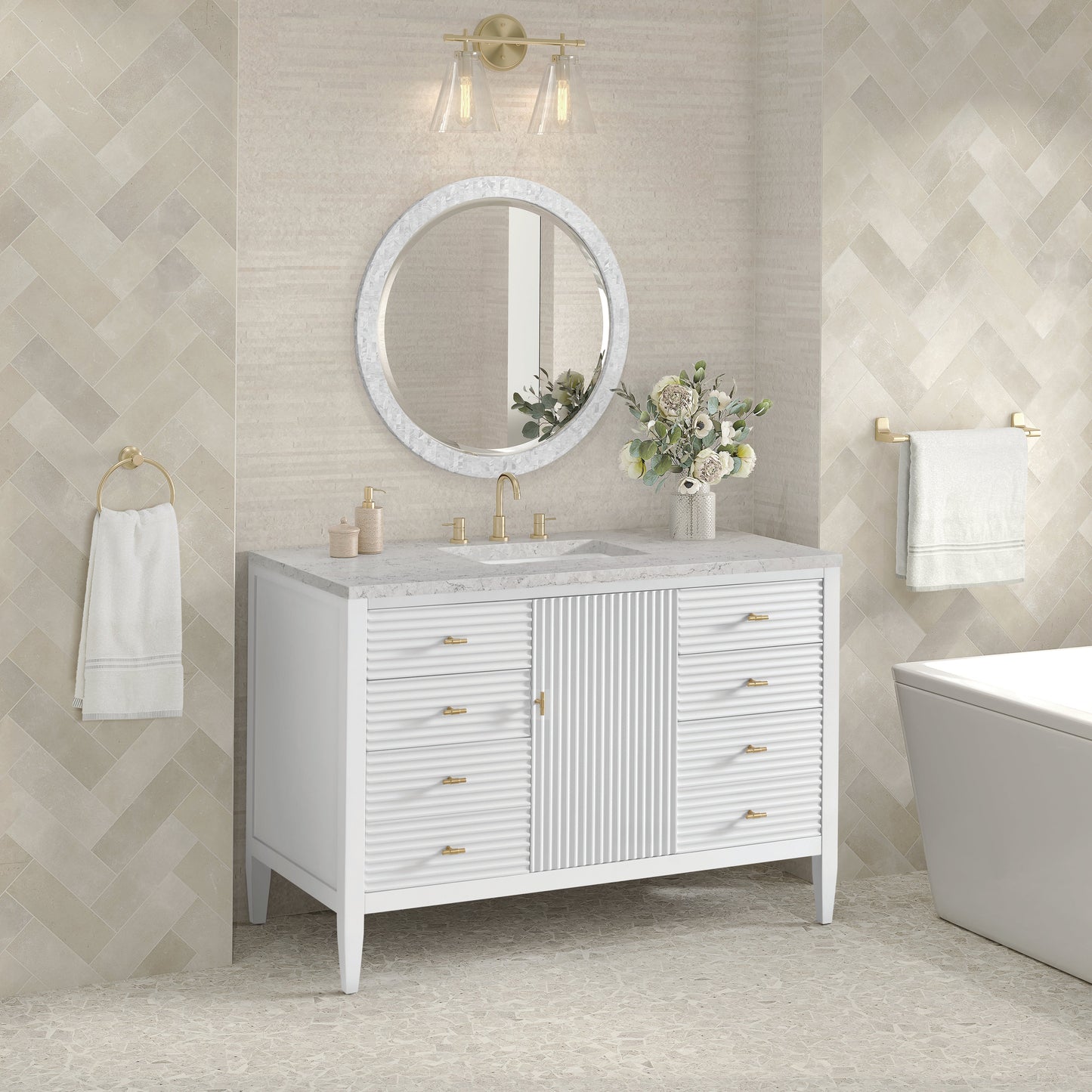 James Martin Vanities Myrrin 48" Bright White Vanity With 3 cm Eternal Jasmine Pearl Quartz Top