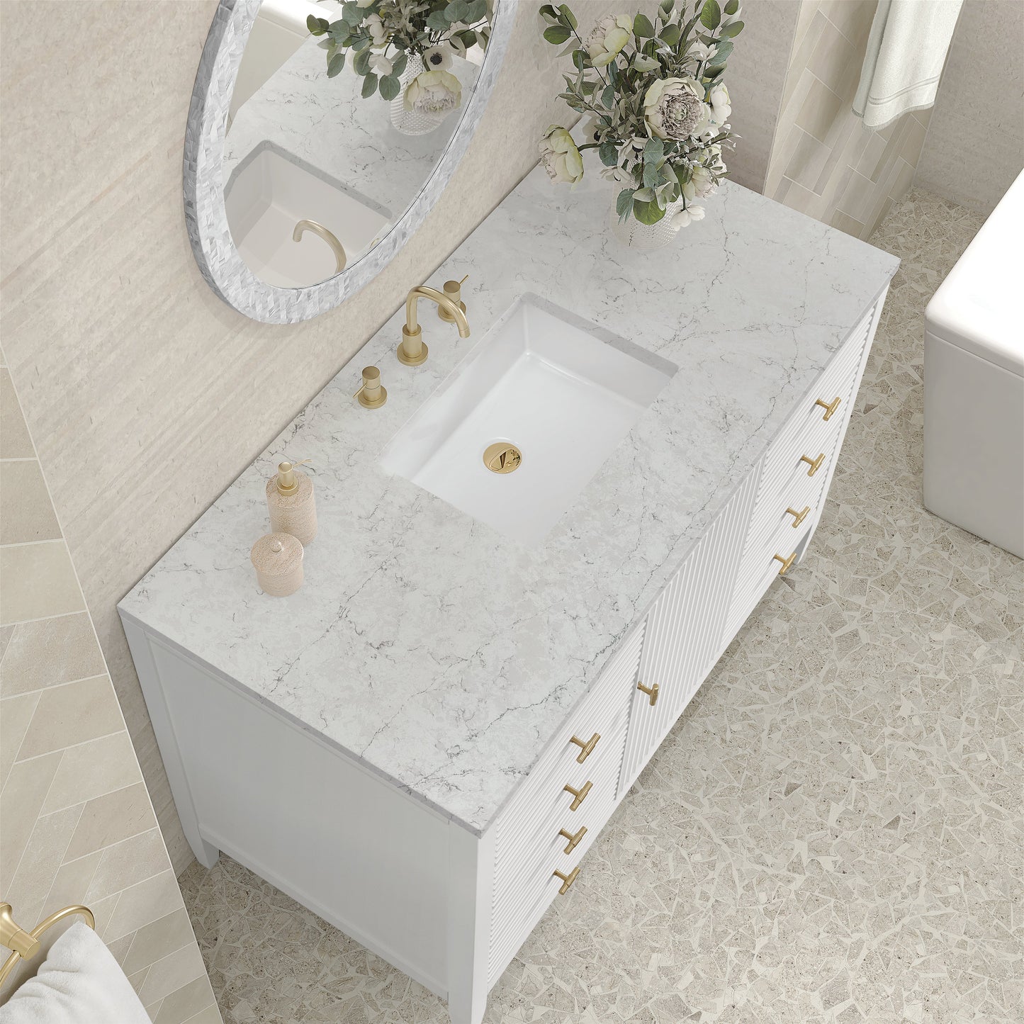 James Martin Vanities Myrrin 48" Bright White Vanity With 3 cm Eternal Jasmine Pearl Quartz Top