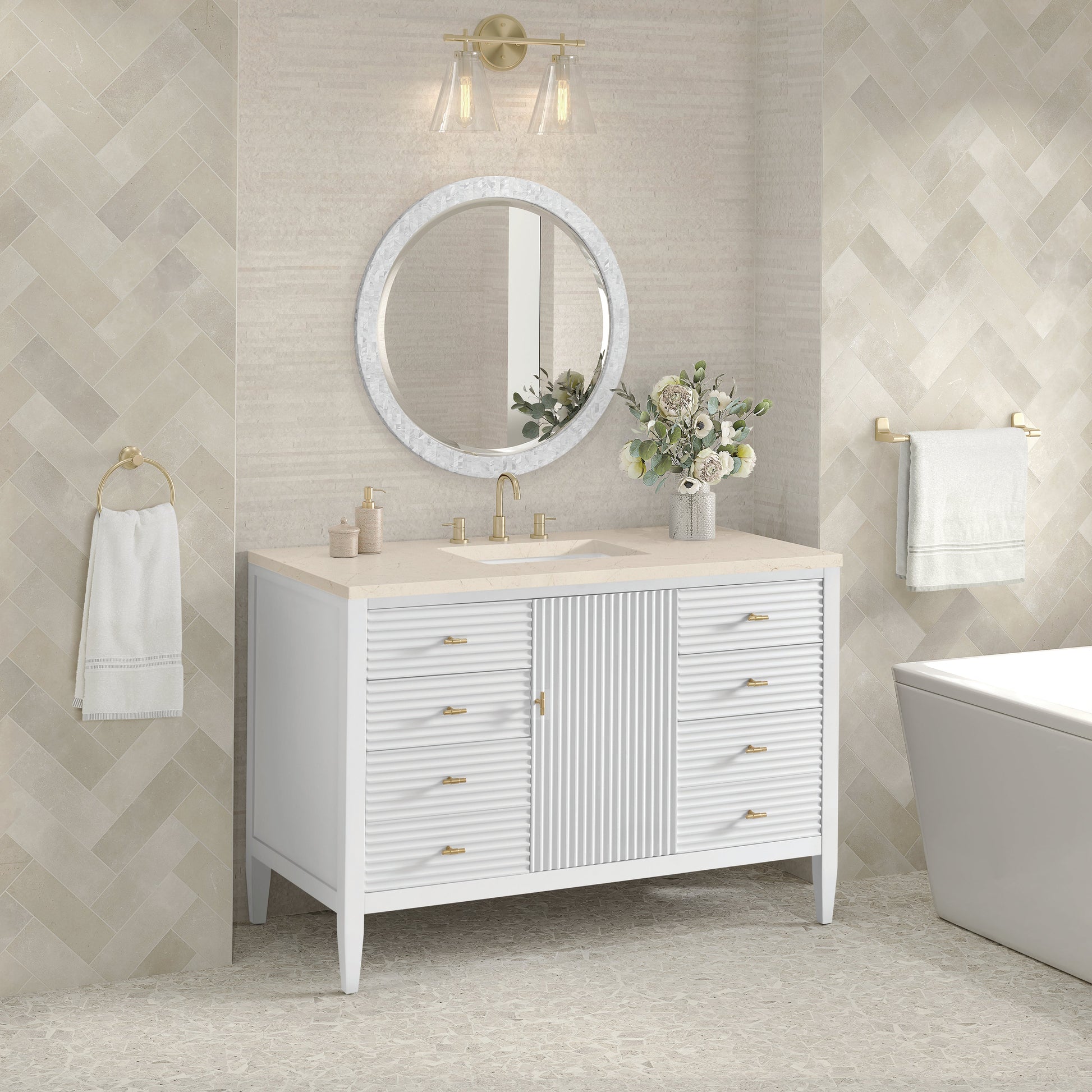 James Martin Vanities Myrrin 48" Bright White Vanity With 3 cm Eternal Marfil Quartz Top