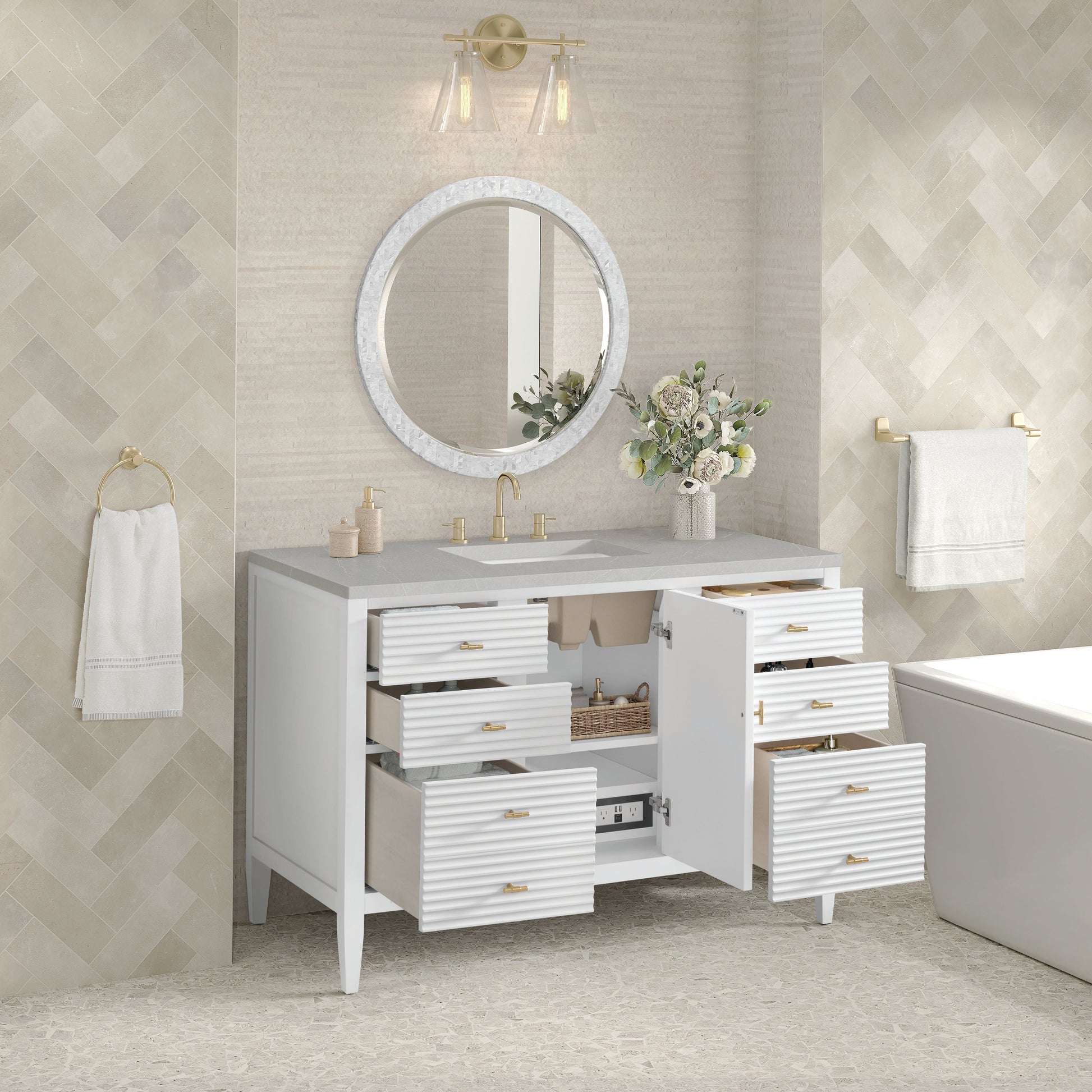 James Martin Vanities Myrrin 48" Bright White Vanity With 3 cm Eternal Serena Quartz Top