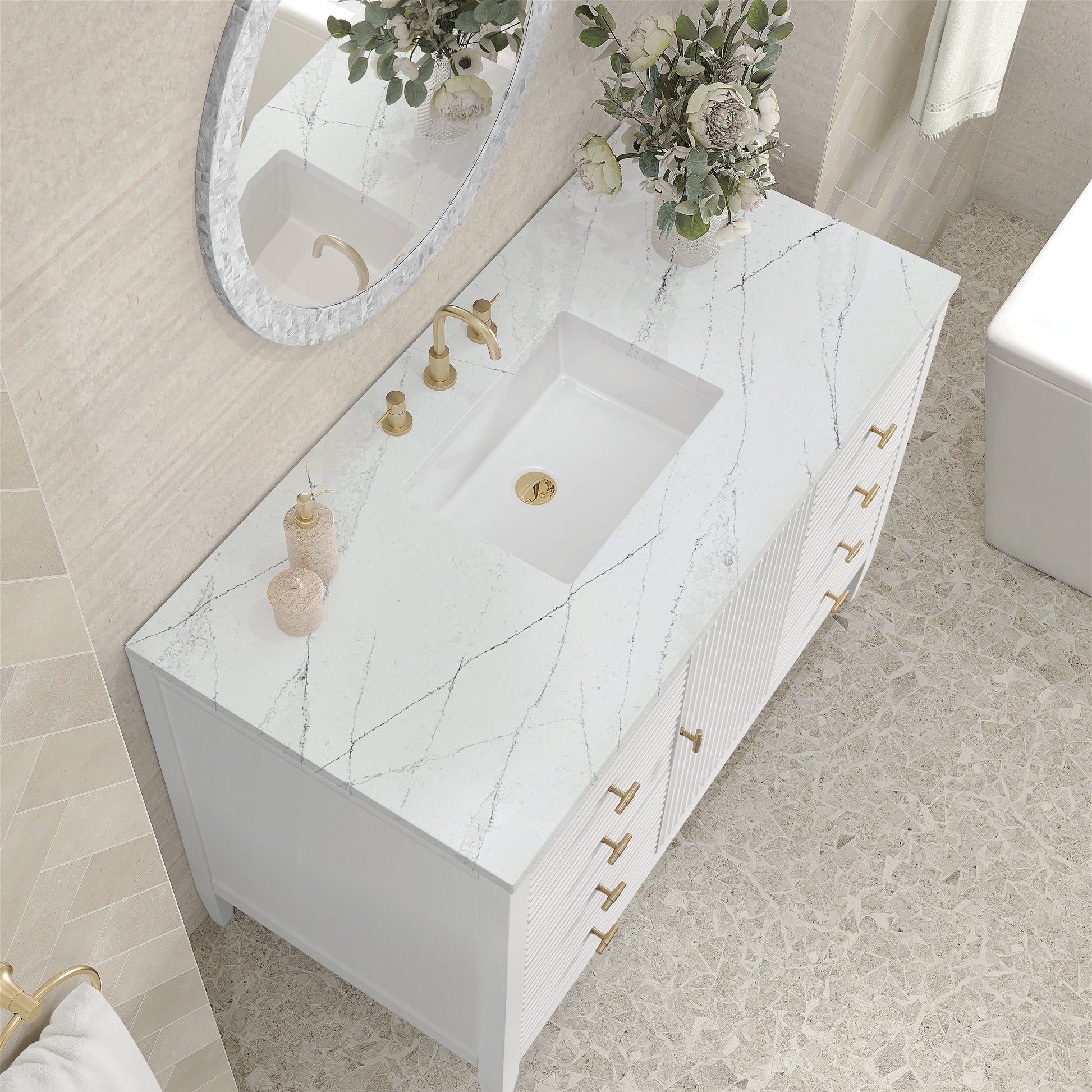 James Martin Vanities Myrrin 48" Bright White Vanity With 3 cm Ethereal Noctis Quartz Top