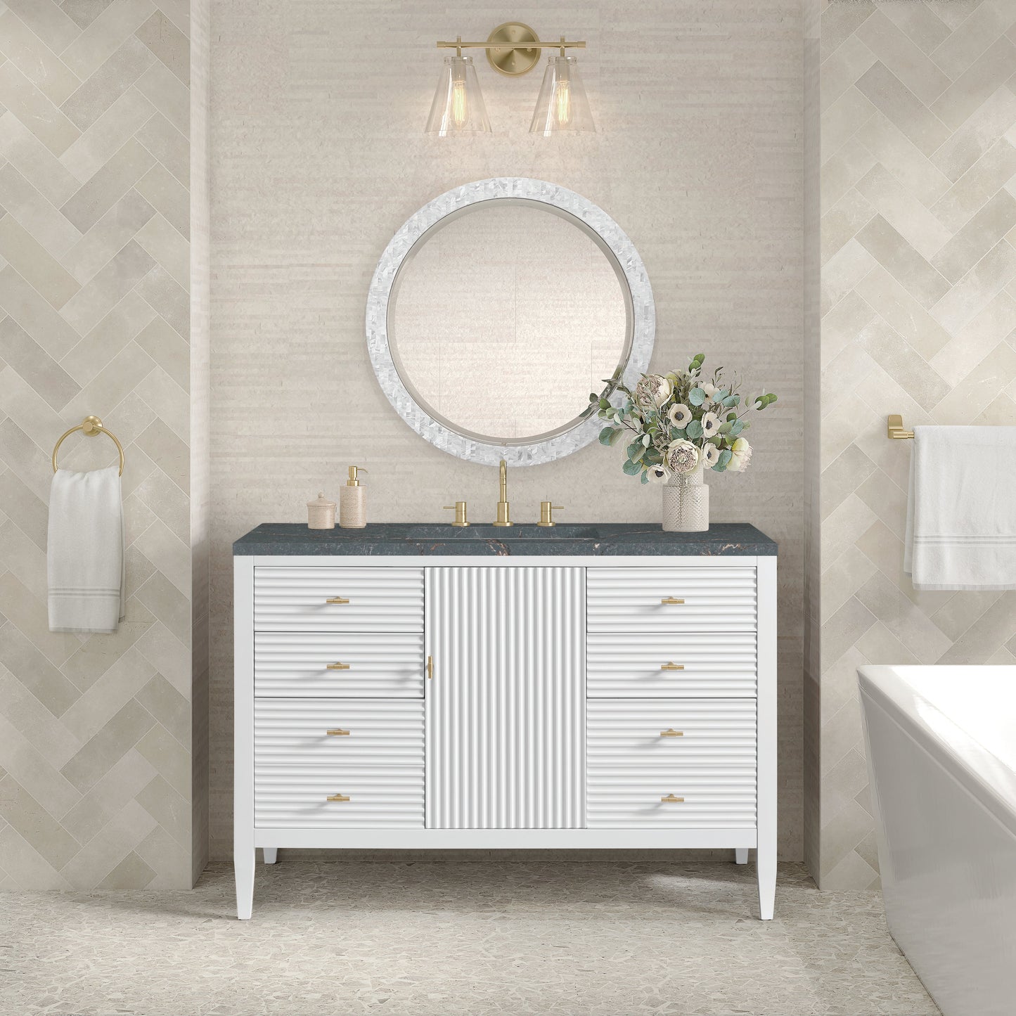 James Martin Vanities Myrrin 48" Bright White Vanity With 3 cm Parisien Bleu Quartz Top