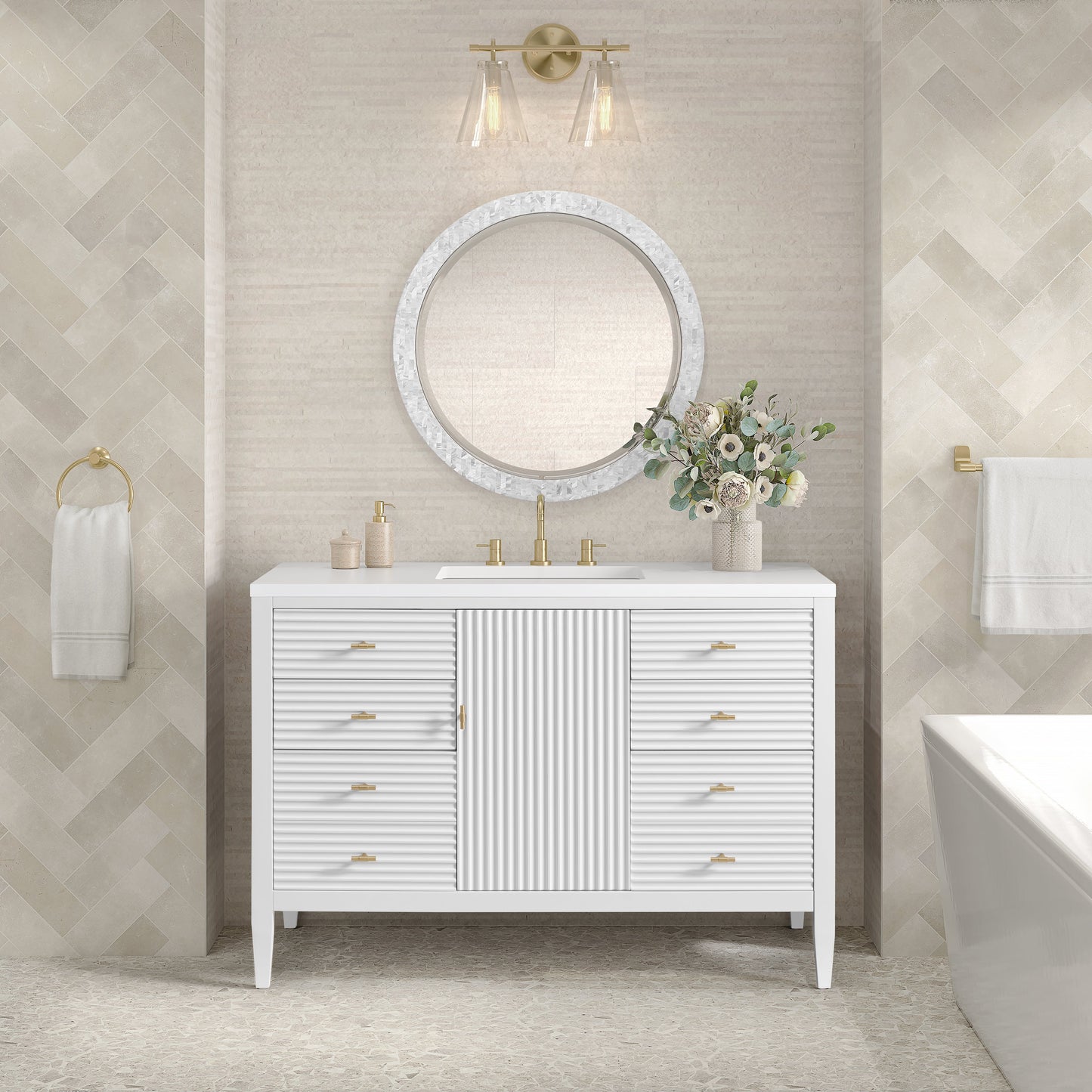 James Martin Vanities Myrrin 48" Bright White Vanity With 3 cm White Zeus Quartz Top