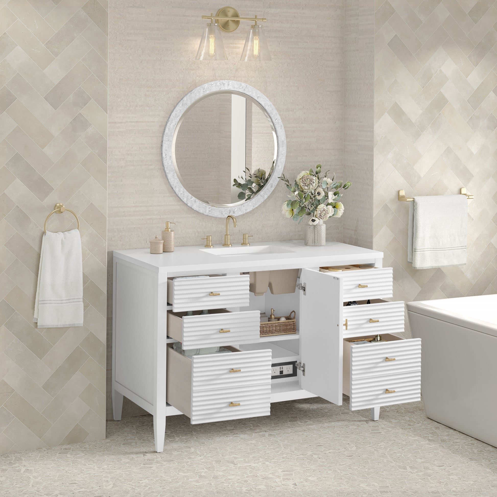 James Martin Vanities Myrrin 48" Bright White Vanity With 3 cm White Zeus Quartz Top