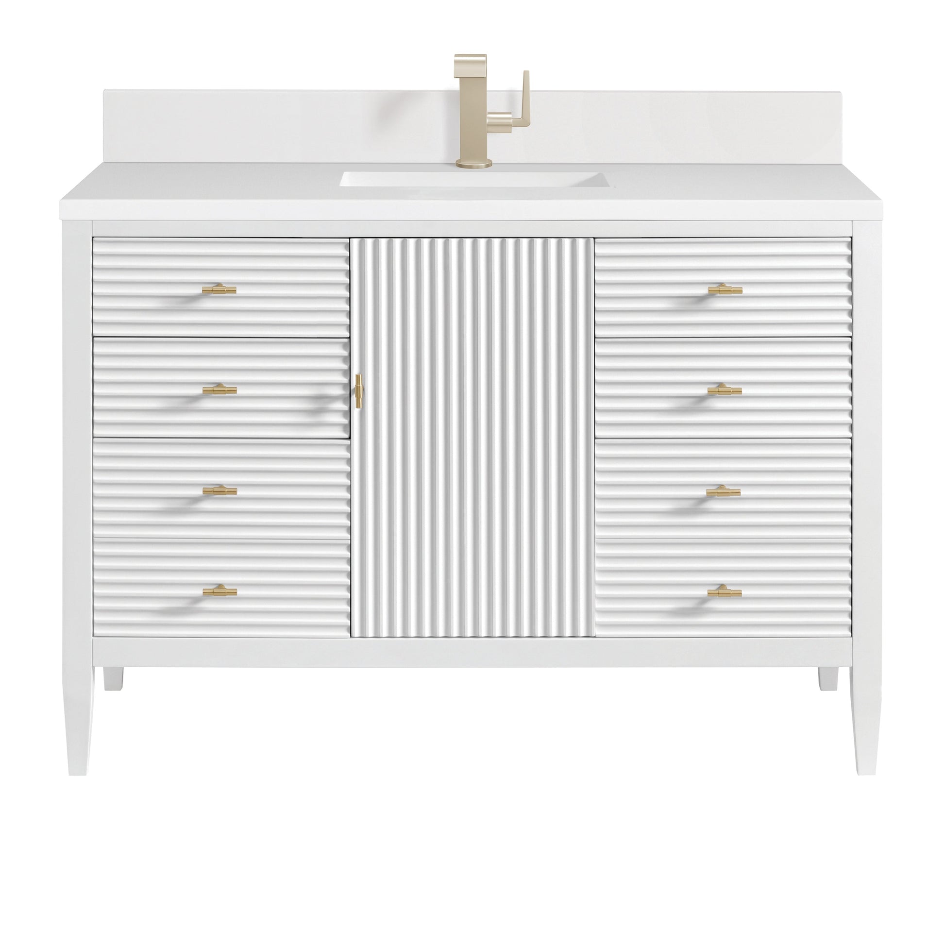 James Martin Vanities Myrrin 48" Bright White Vanity With Single Hole 3 cm White Zeus Quartz Top & Backsplash