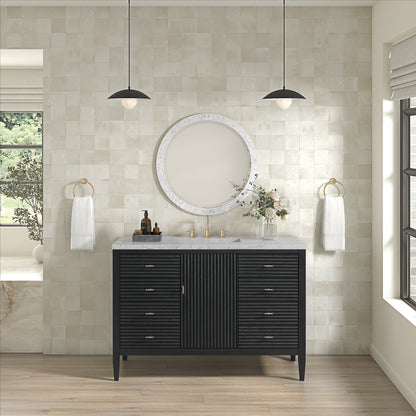 James Martin Vanities Myrrin 48" Carbon Oak Single Vanity With 3 cm Eternal Jasmine Pearl Silestone Top and FreePower Wireless Charger