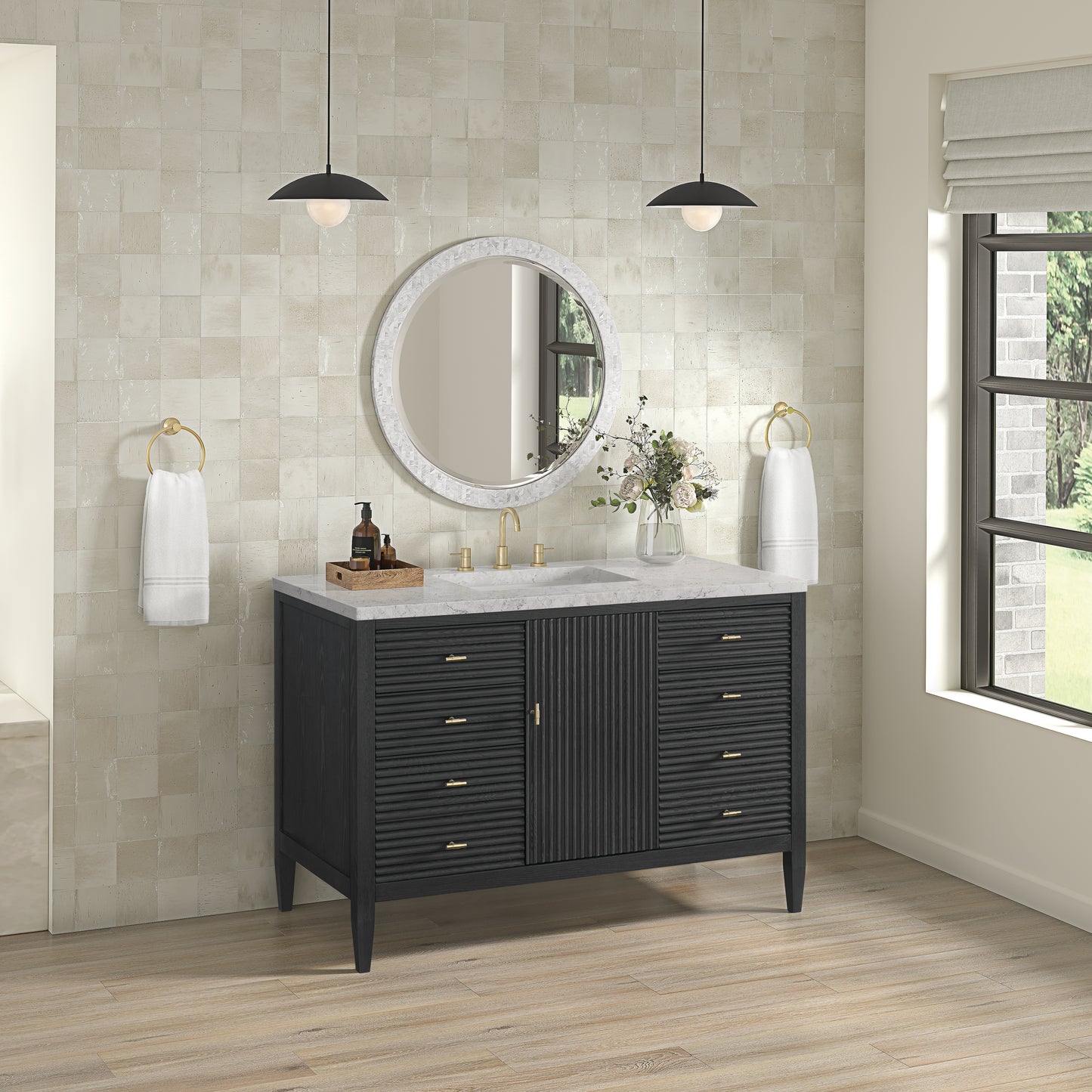 James Martin Vanities Myrrin 48" Carbon Oak Single Vanity With 3 cm Eternal Jasmine Pearl Silestone Top and FreePower Wireless Charger
