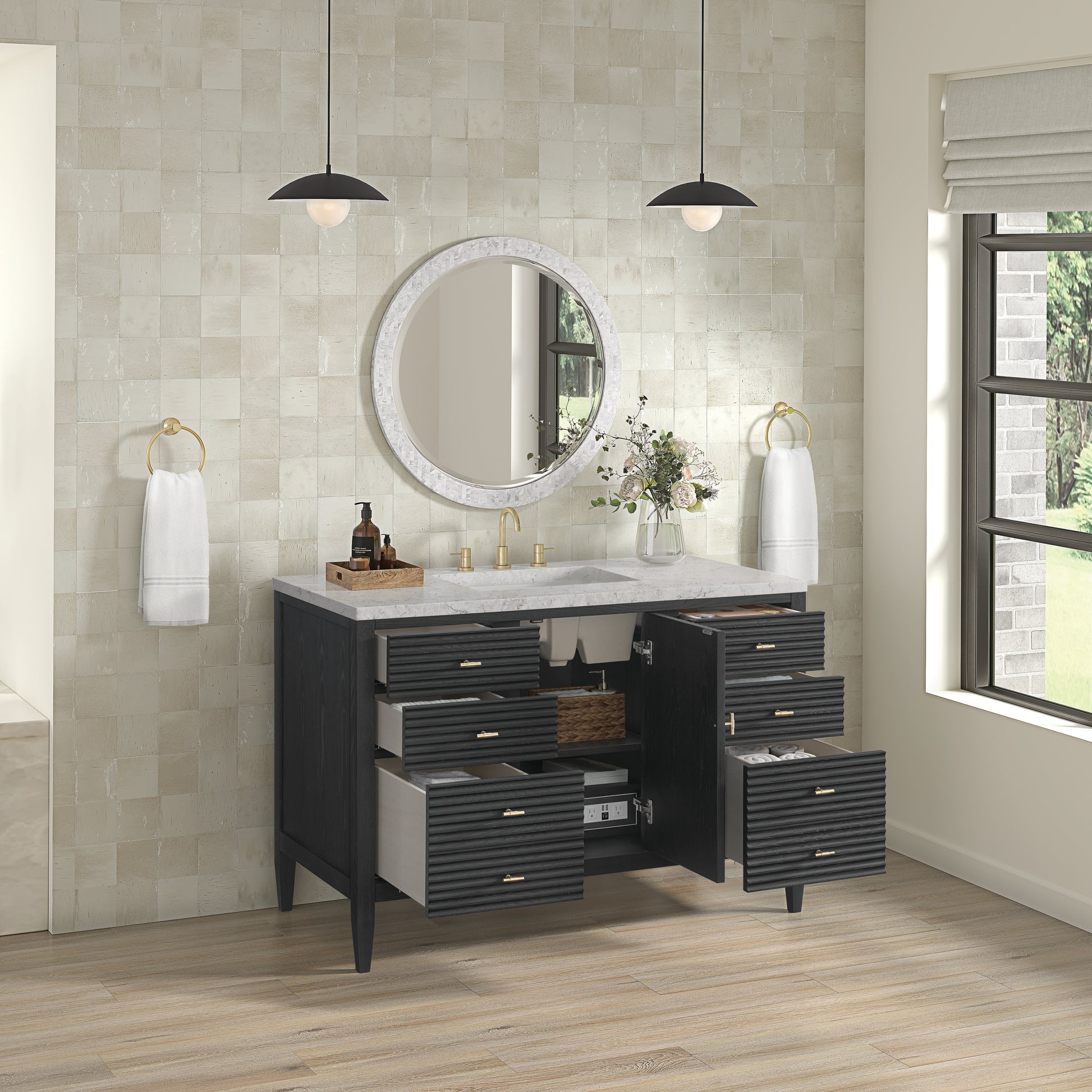 James Martin Vanities Myrrin 48" Carbon Oak Single Vanity With 3 cm Eternal Jasmine Pearl Silestone Top and FreePower Wireless Charger