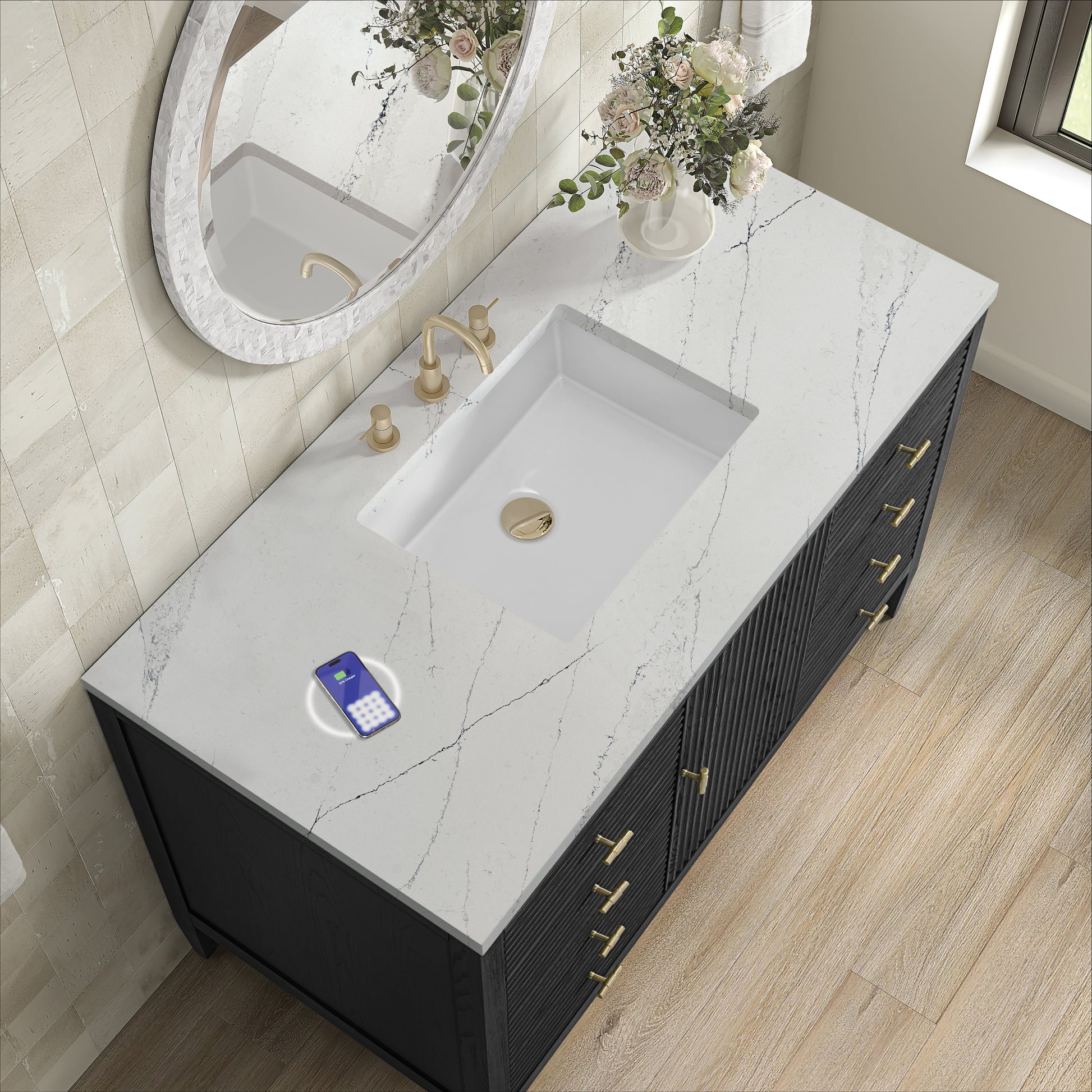 James Martin Vanities Myrrin 48" Carbon Oak Single Vanity With 3 cm Ethereal Noctis Silestone Top and FreePower Wireless Charger