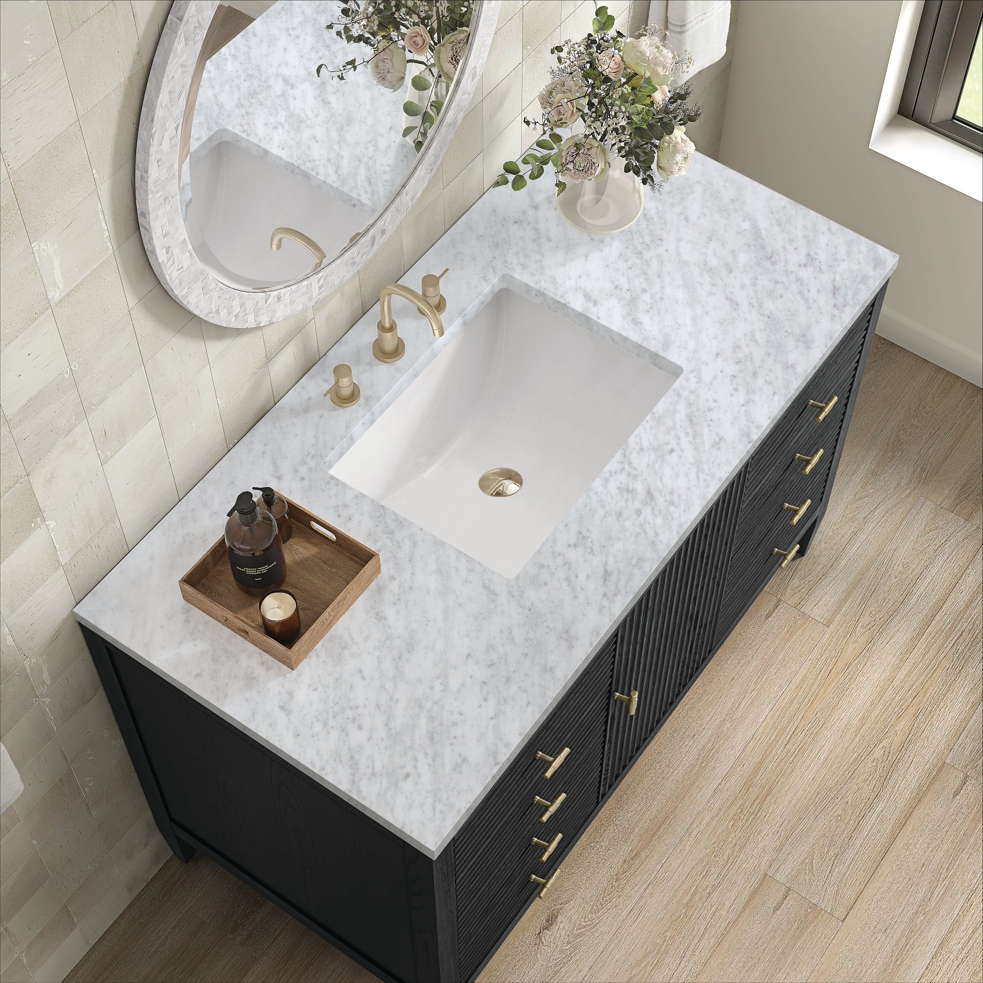 James Martin Vanities Myrrin 48" Carbon Oak Vanity With 3 cm Carrara White Marble Top