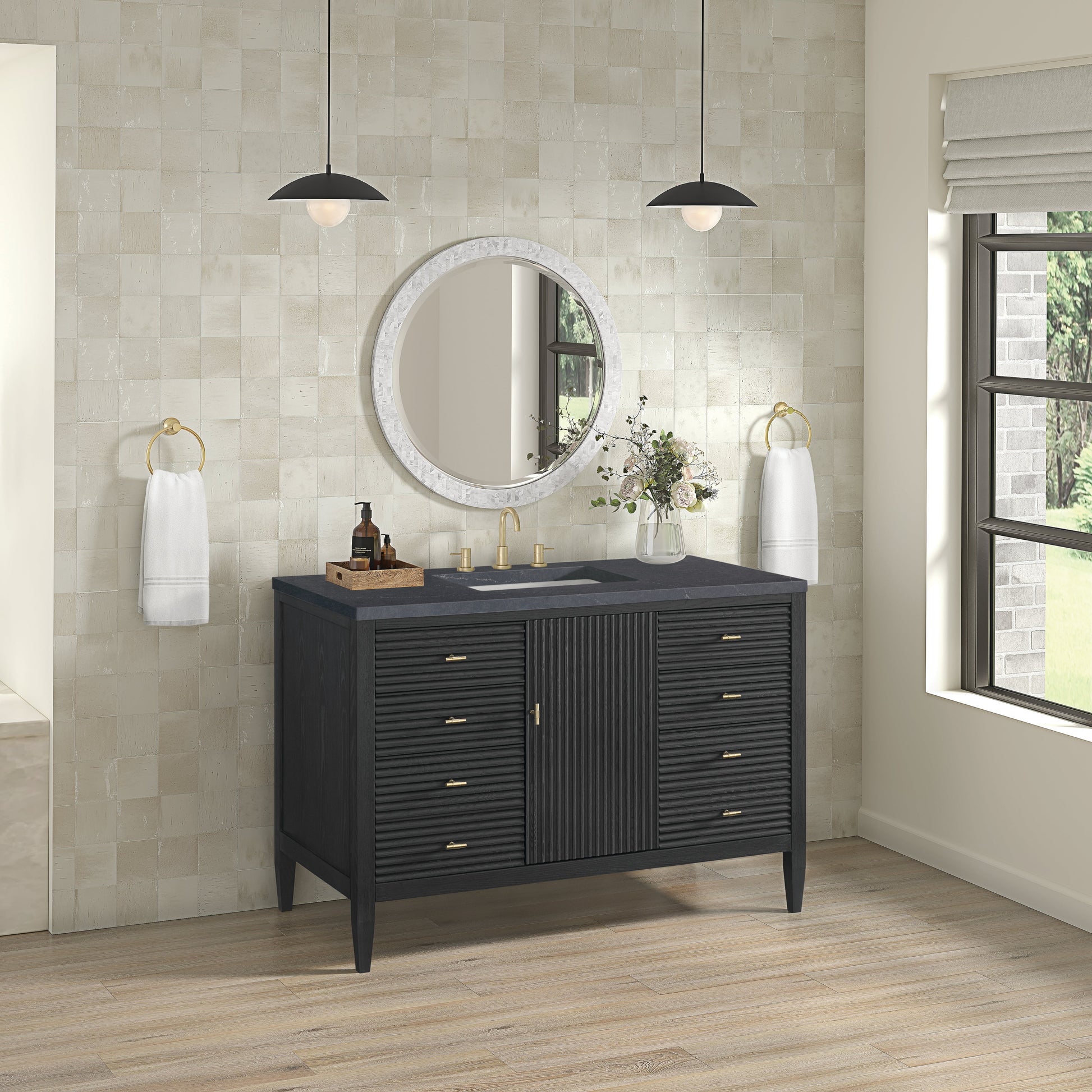 James Martin Vanities Myrrin 48" Carbon Oak Vanity With 3 cm Charcoal Soapstone Quartz Top