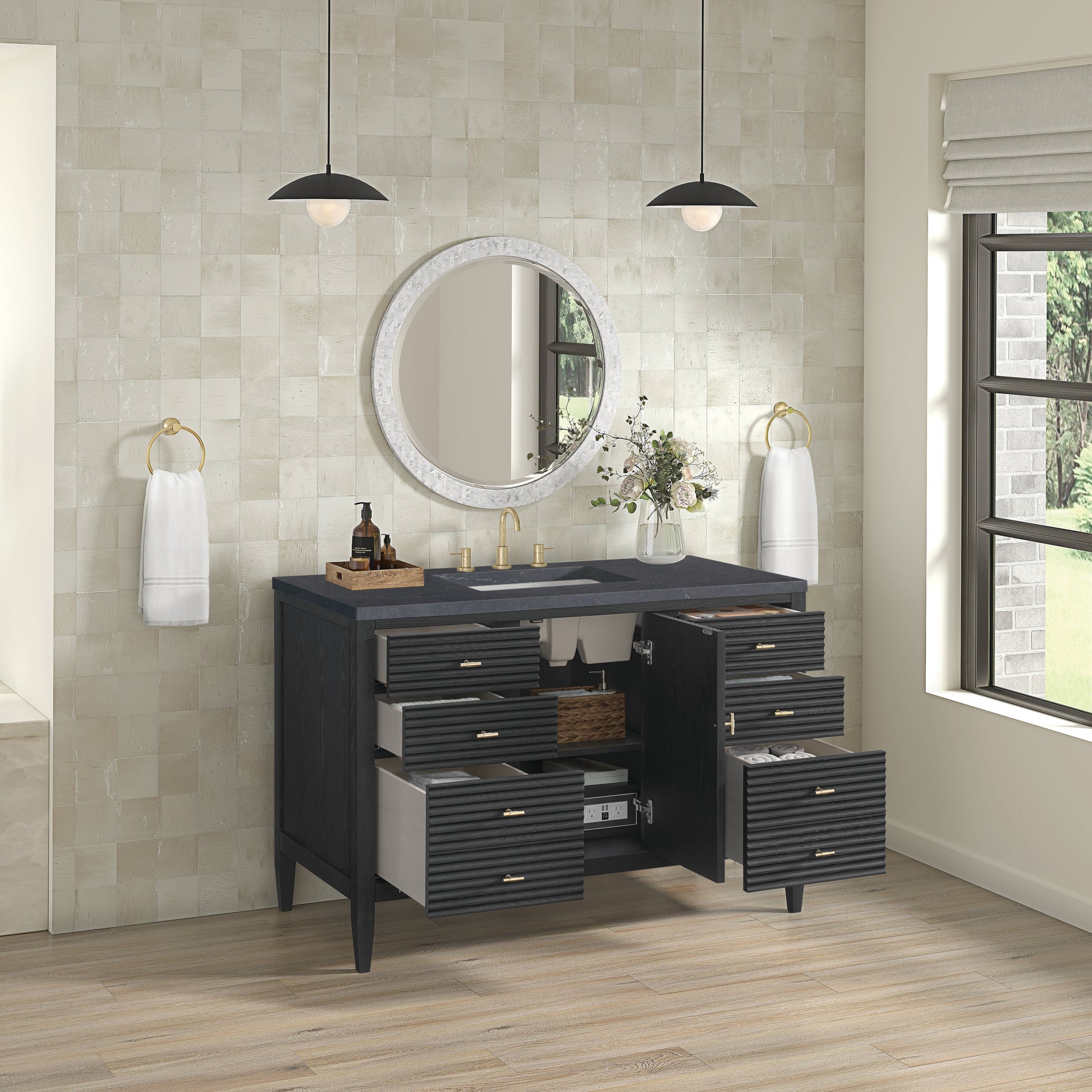 James Martin Vanities Myrrin 48" Carbon Oak Vanity With 3 cm Charcoal Soapstone Quartz Top