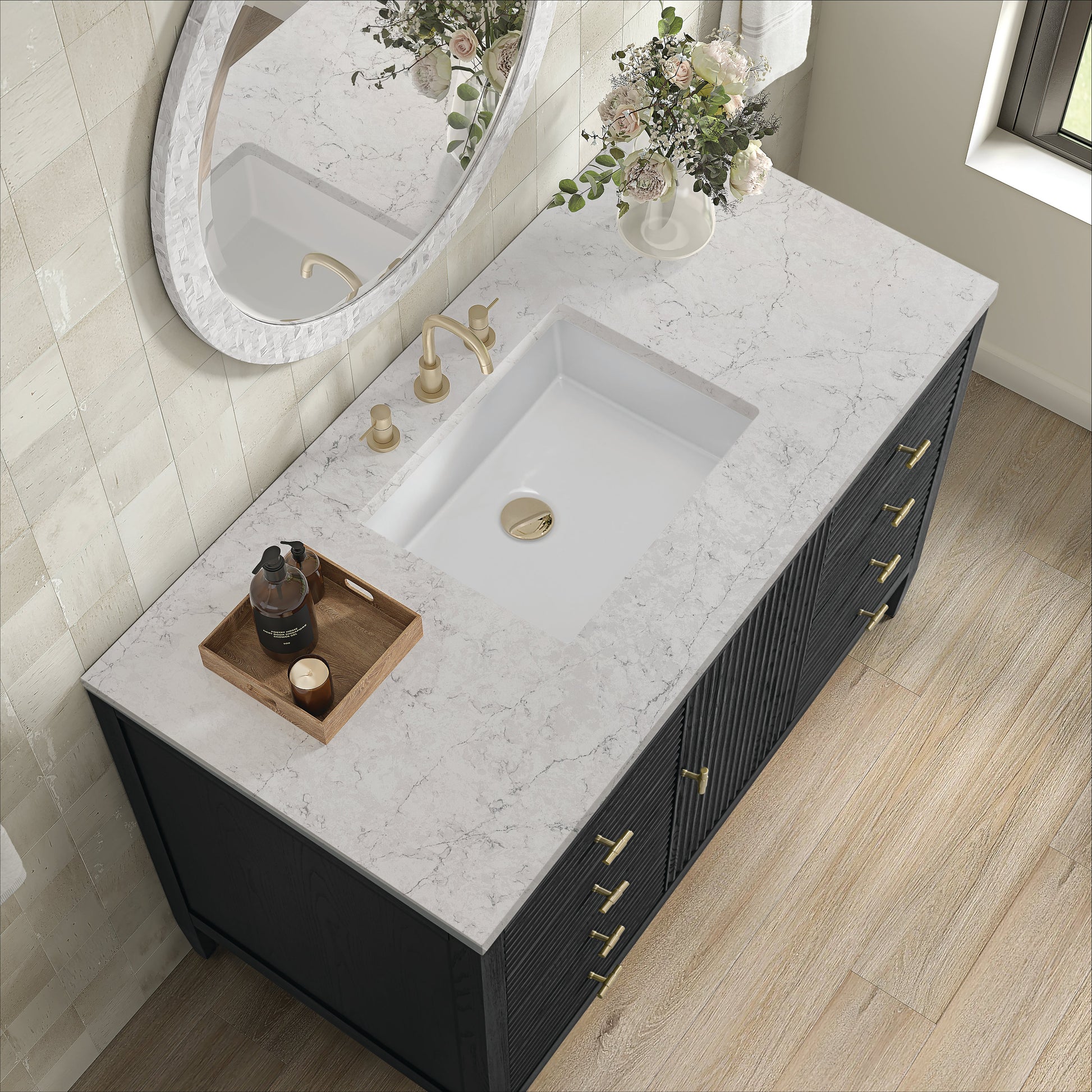 James Martin Vanities Myrrin 48" Carbon Oak Vanity With 3 cm Eternal Jasmine Pearl Quartz Top