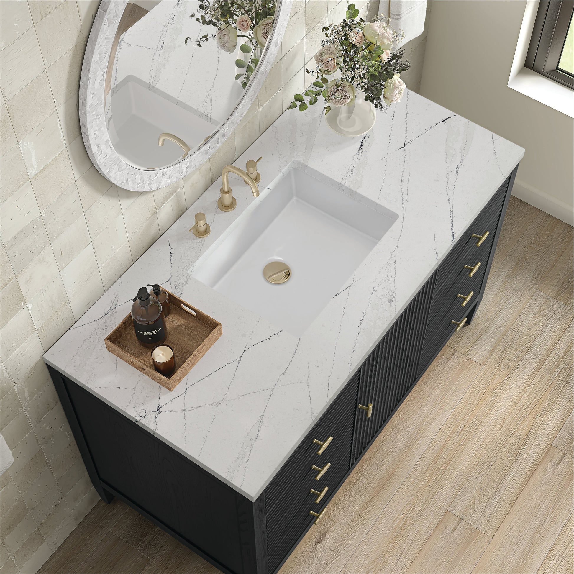 James Martin Vanities Myrrin 48" Carbon Oak Vanity With 3 cm Ethereal Noctis Quartz Top