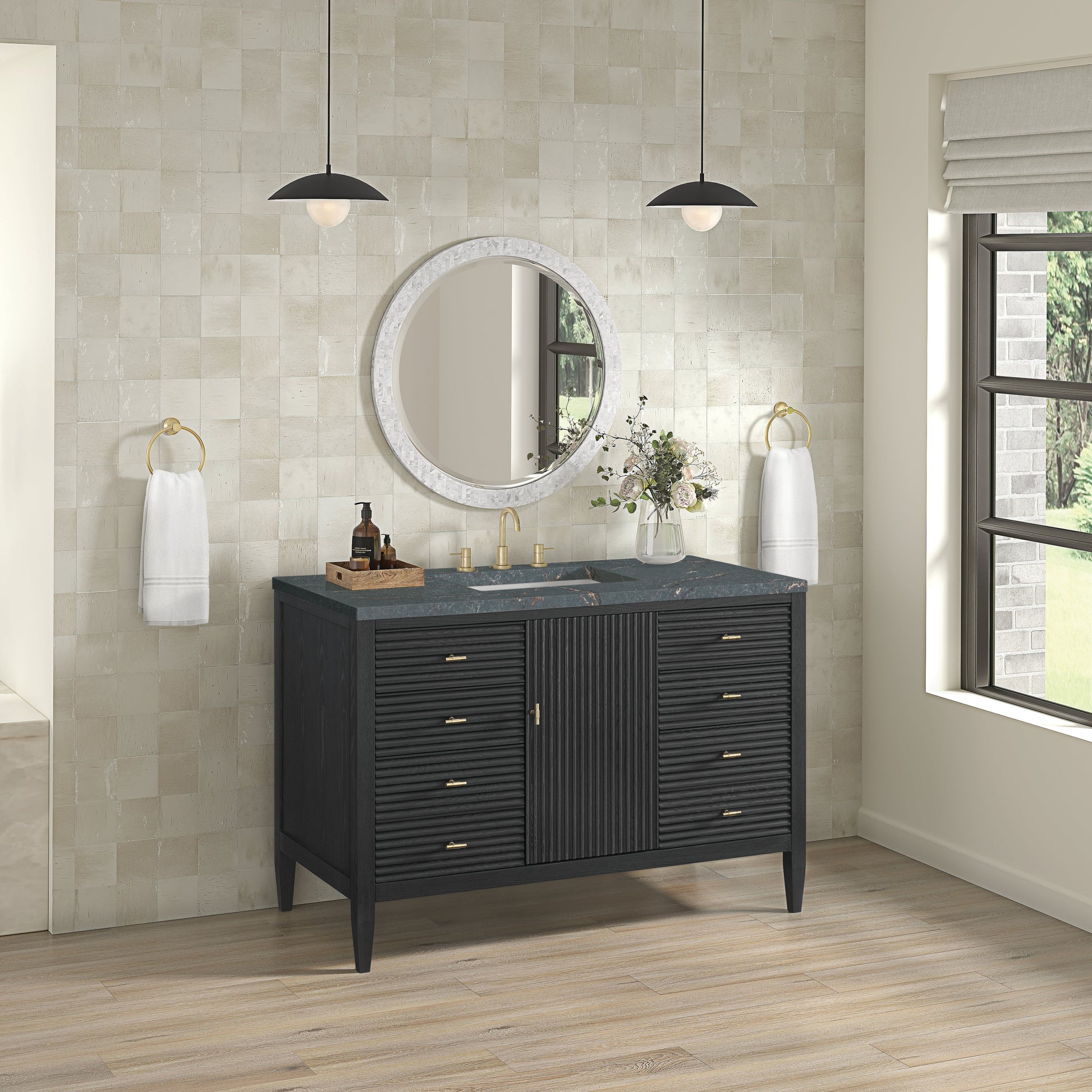 James Martin Vanities Myrrin 48" Carbon Oak Vanity With 3 cm Parisien Bleu Quartz Top