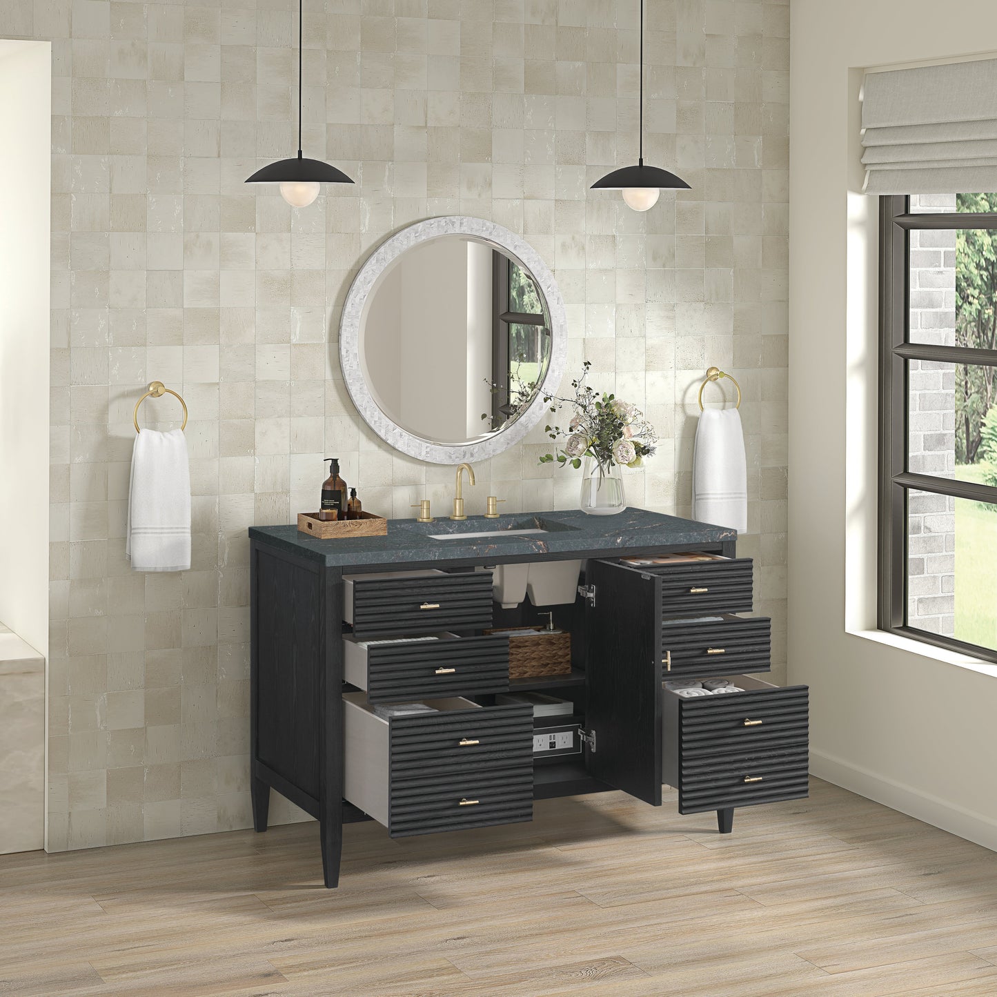 James Martin Vanities Myrrin 48" Carbon Oak Vanity With 3 cm Parisien Bleu Quartz Top