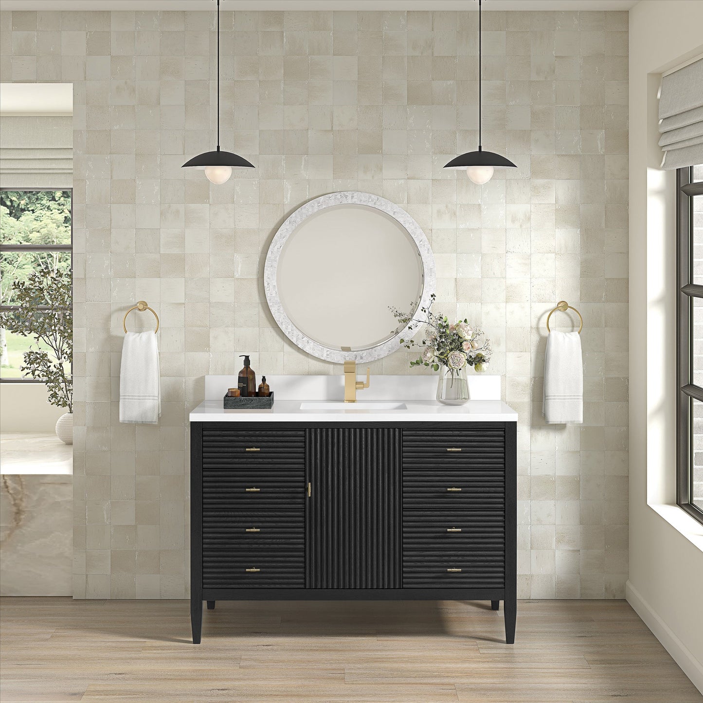 James Martin Vanities Myrrin 48" Carbon Oak Vanity With Single Hole 3 cm White Zeus Quartz Top & Backsplash