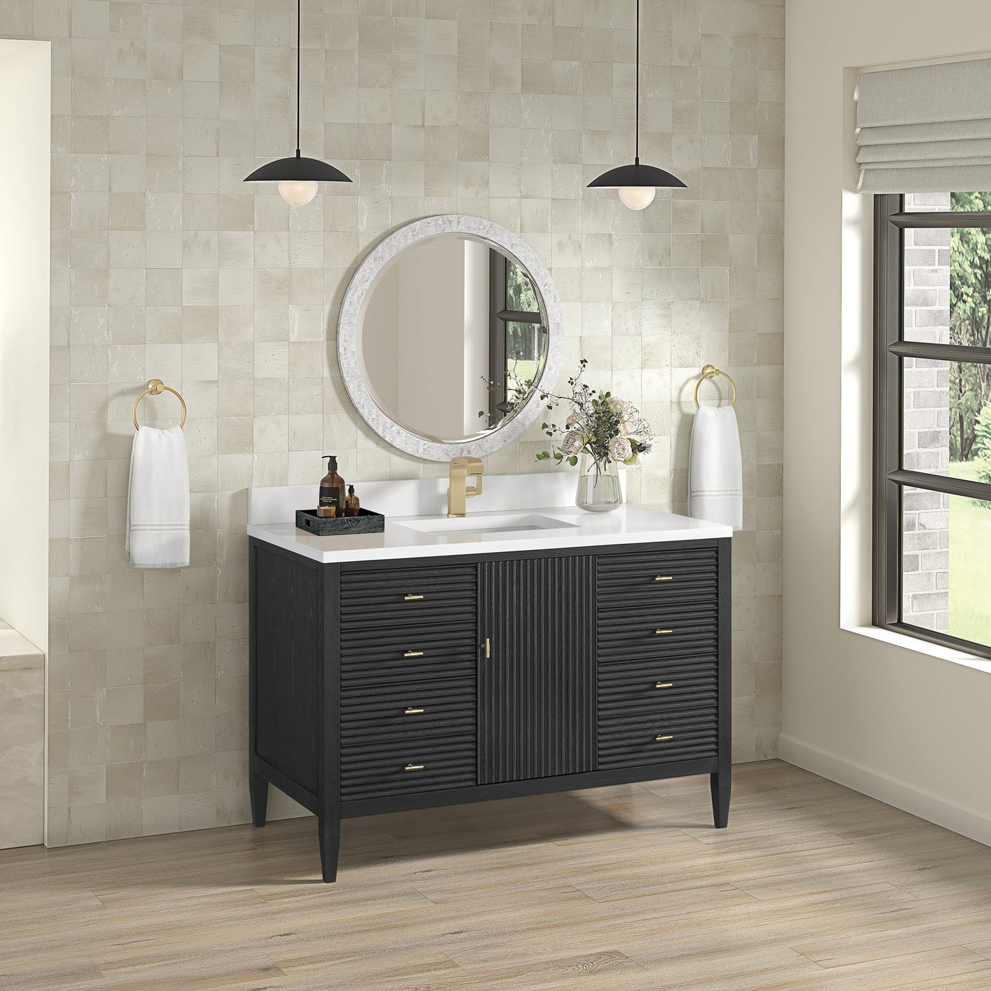 James Martin Vanities Myrrin 48" Carbon Oak Vanity With Single Hole 3 cm White Zeus Quartz Top & Backsplash