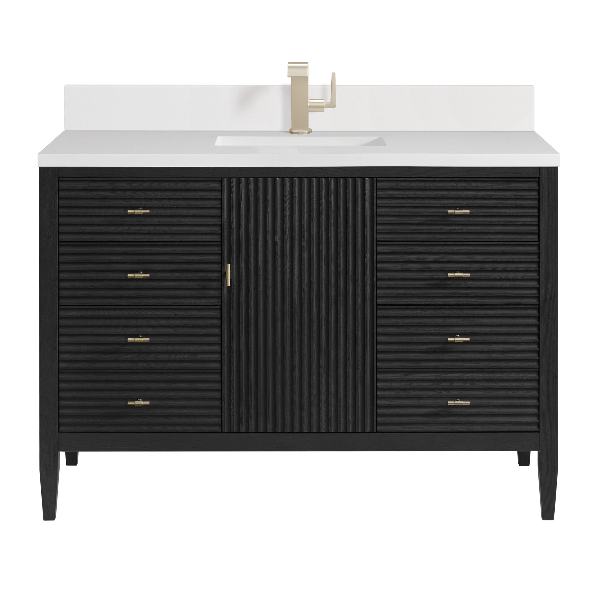 James Martin Vanities Myrrin 48" Carbon Oak Vanity With Single Hole 3 cm White Zeus Quartz Top & Backsplash