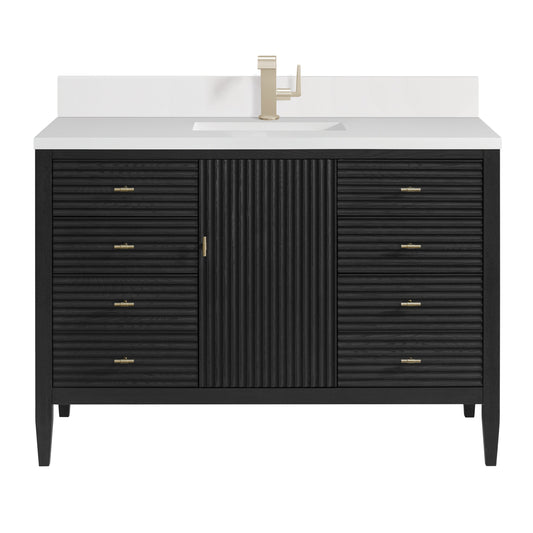 James Martin Vanities Myrrin 48" Carbon Oak Vanity With Single Hole 3 cm White Zeus Quartz Top & Backsplash