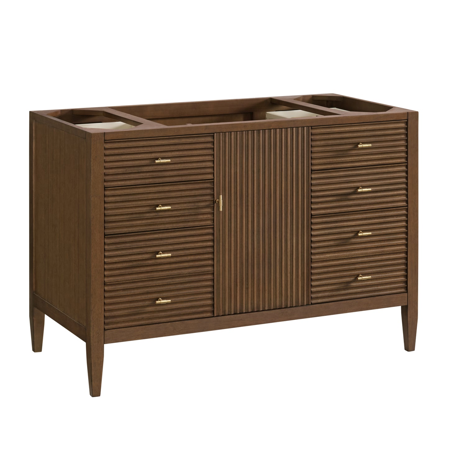 James Martin Vanities Myrrin 48" Mid-Century Walnut Single Vanity With 3 cm Eternal Jasmine Pearl Silestone Top and FreePower Wireless Charger