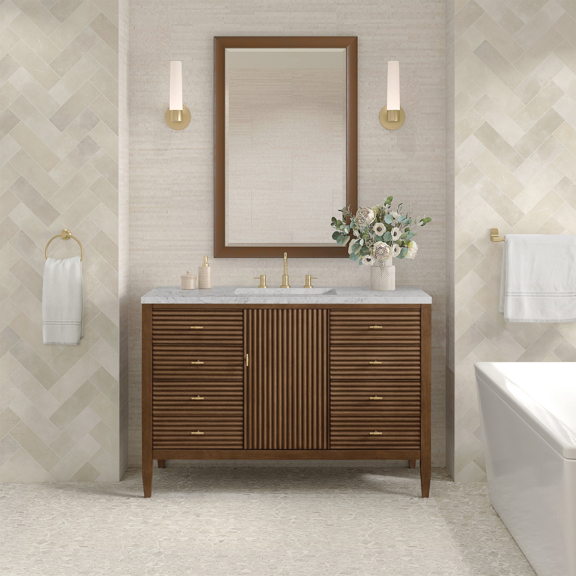 James Martin Vanities Myrrin 48" Mid-Century Walnut Single Vanity With 3 cm Eternal Jasmine Pearl Silestone Top and FreePower Wireless Charger