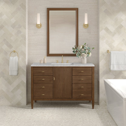 James Martin Vanities Myrrin 48" Mid-Century Walnut Single Vanity With 3 cm Eternal Jasmine Pearl Silestone Top and FreePower Wireless Charger