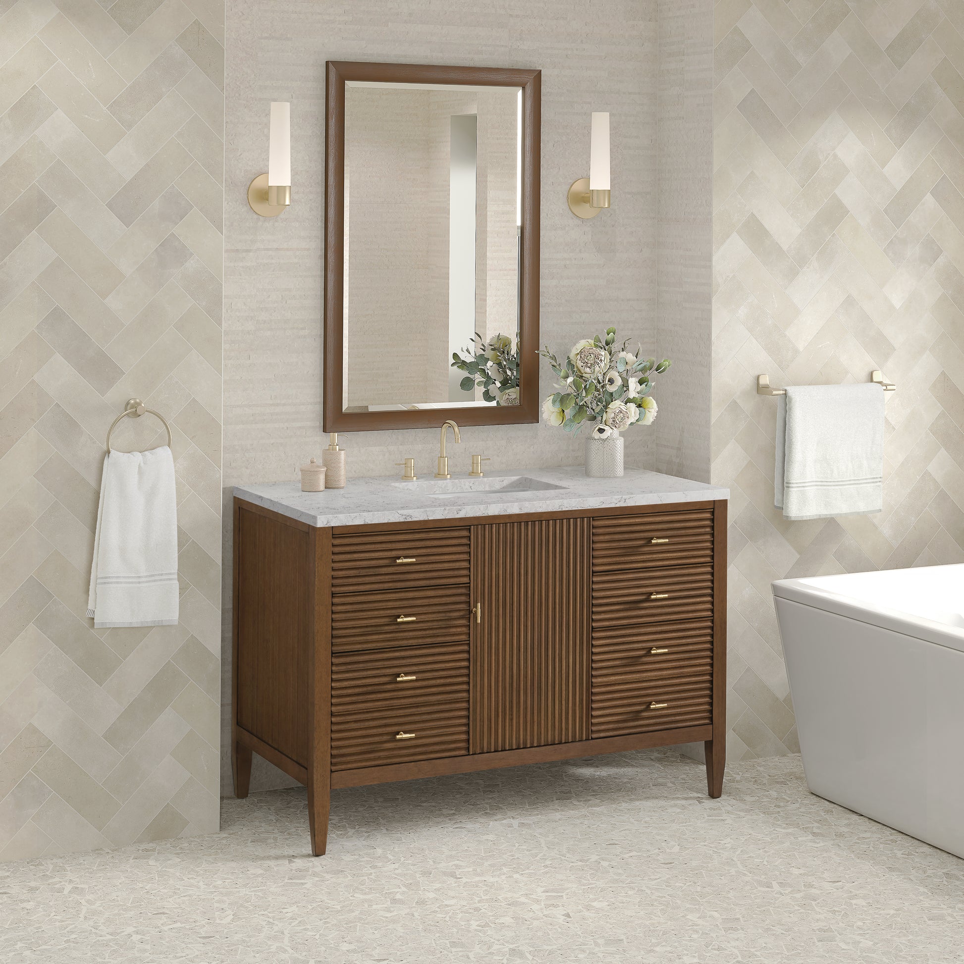 James Martin Vanities Myrrin 48" Mid-Century Walnut Single Vanity With 3 cm Eternal Jasmine Pearl Silestone Top and FreePower Wireless Charger