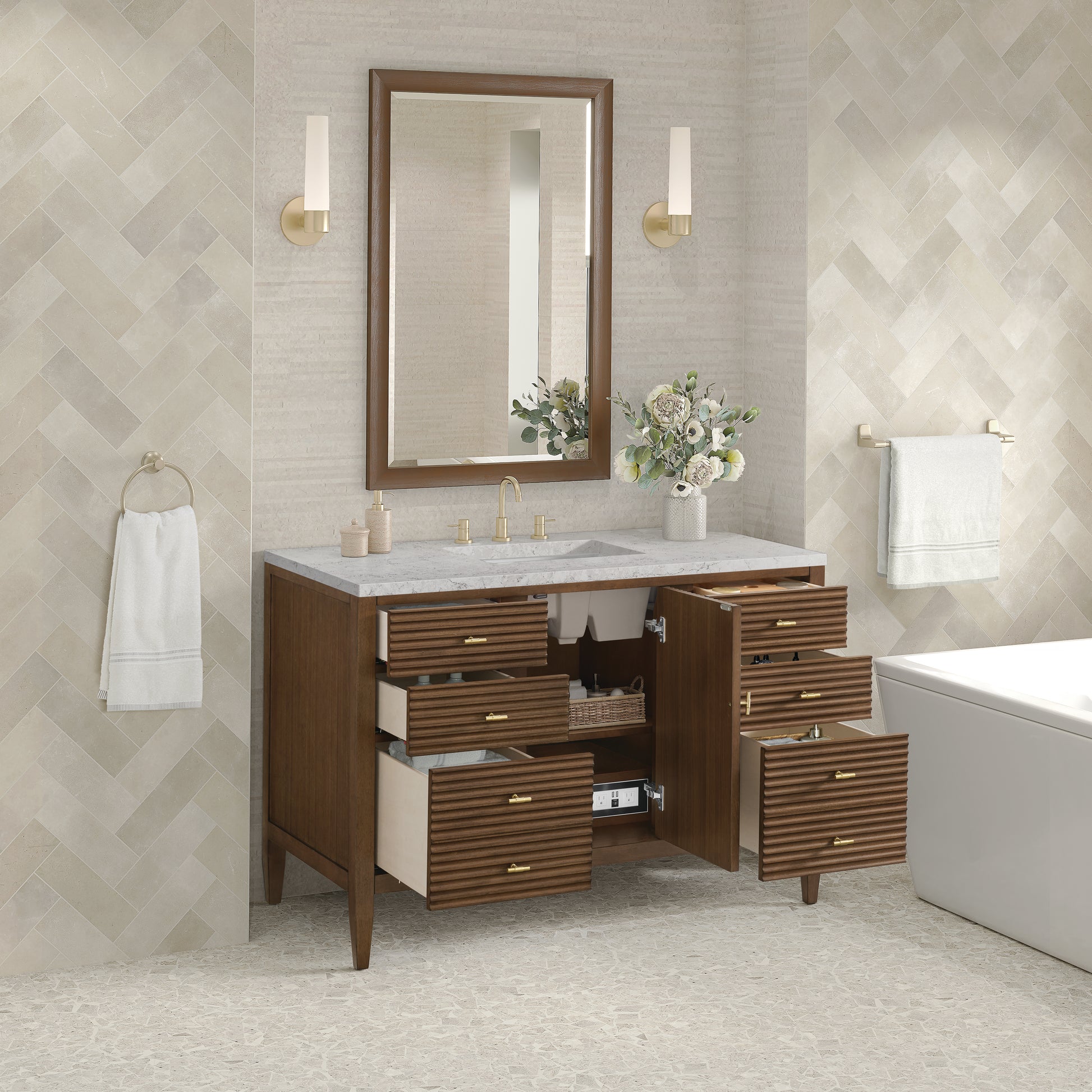 James Martin Vanities Myrrin 48" Mid-Century Walnut Single Vanity With 3 cm Eternal Jasmine Pearl Silestone Top and FreePower Wireless Charger
