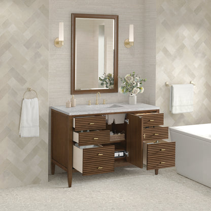 James Martin Vanities Myrrin 48" Mid-Century Walnut Single Vanity With 3 cm Eternal Jasmine Pearl Silestone Top and FreePower Wireless Charger