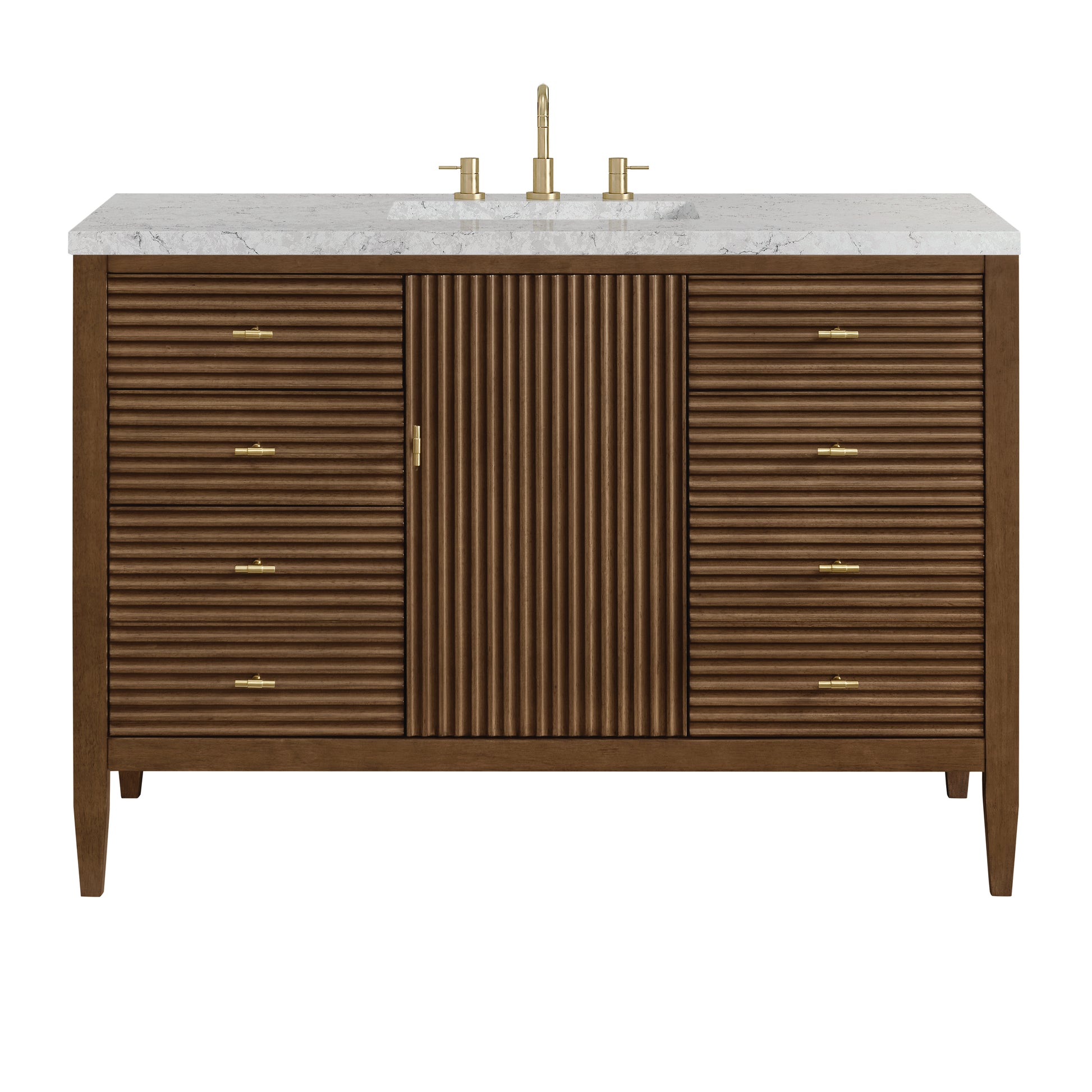 James Martin Vanities Myrrin 48" Mid-Century Walnut Single Vanity With 3 cm Eternal Jasmine Pearl Silestone Top and FreePower Wireless Charger
